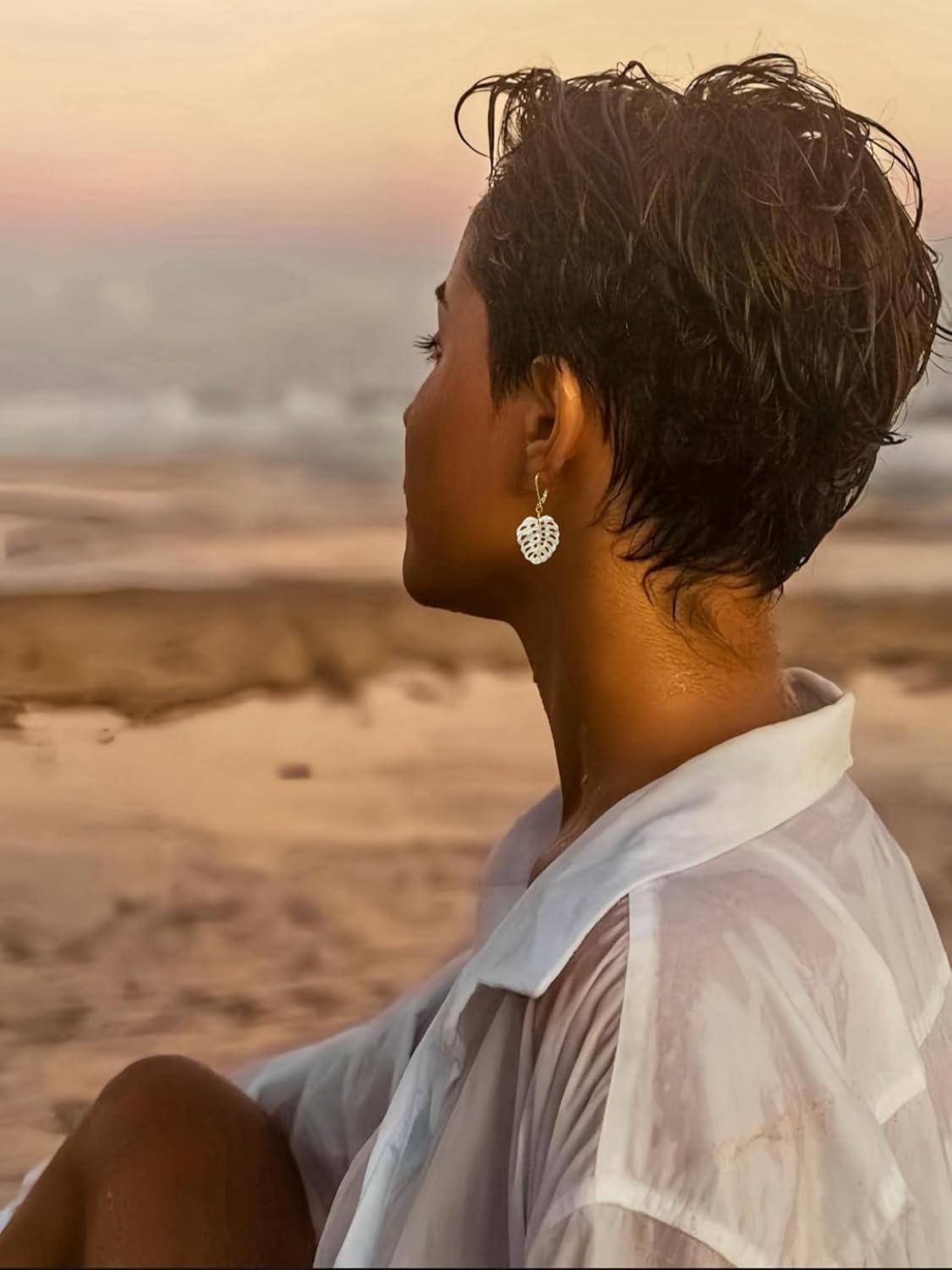 Mother of Pearl Monstera Earrings, Natural Sea Shell Tropical Leaf Earrings, Small Gold Plated Drop Dangle Leverback, Trendy Women Girl Gift - Image 6