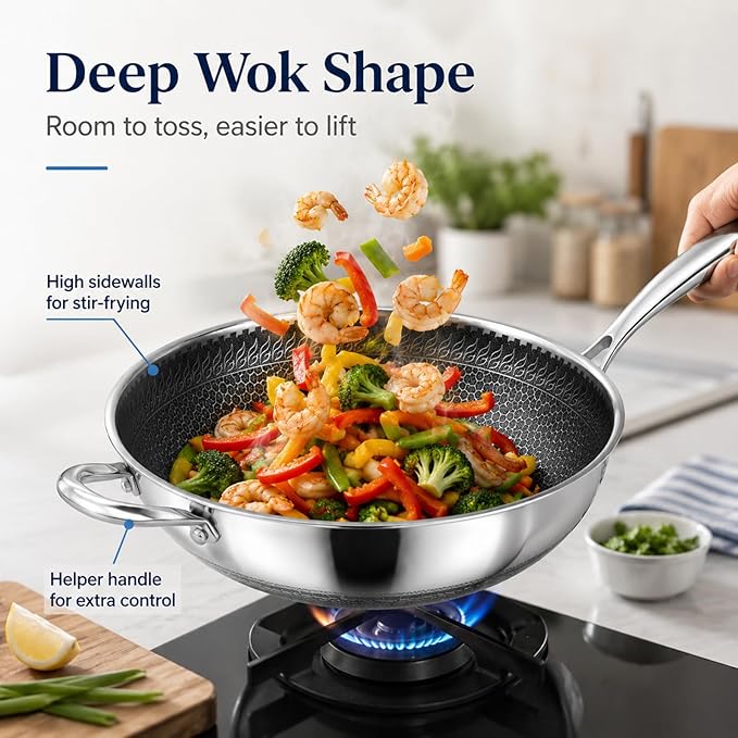 Wok de acero inoxidable con tapa de vidrio, 12.6 pulgadas, apto para inducción miniatura 6