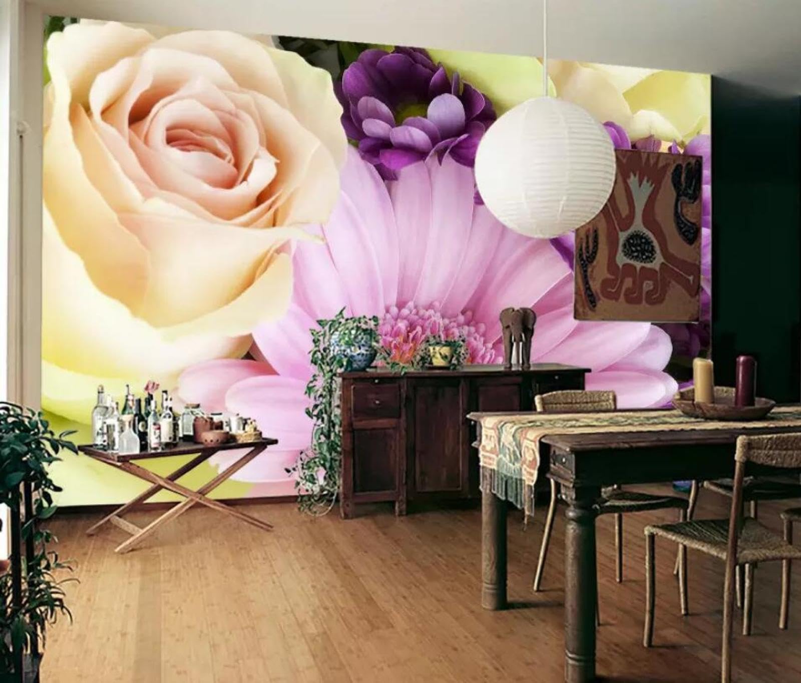 Papier peint panoramique pour cacher les défauts d'un mur avec tapisserie fleurie 3D