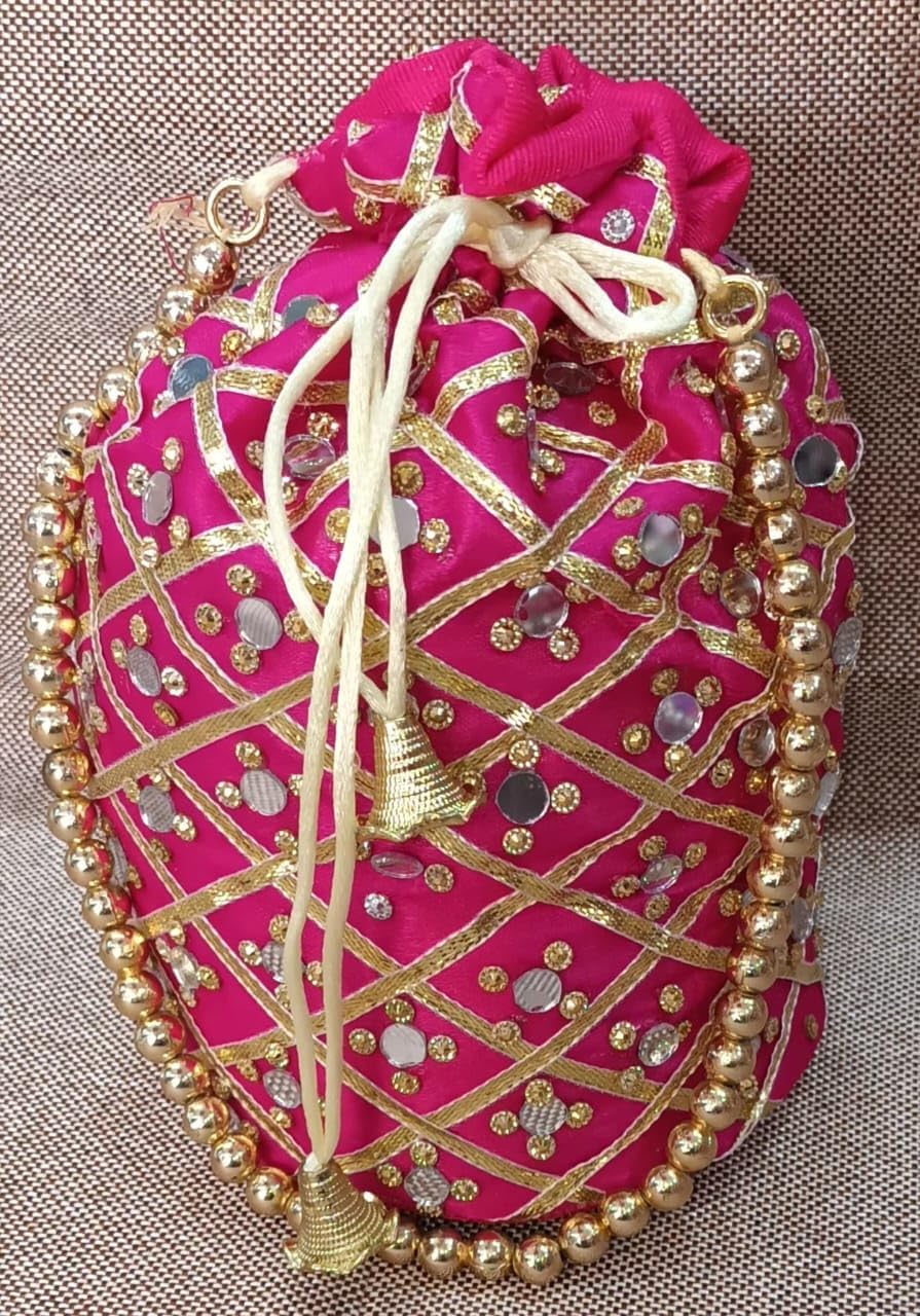 Designer Women gotta Mirror work Potli Bags Wedding and Parties - Indian Ethnic Designer Embroidered Silk return Pouch Bag
