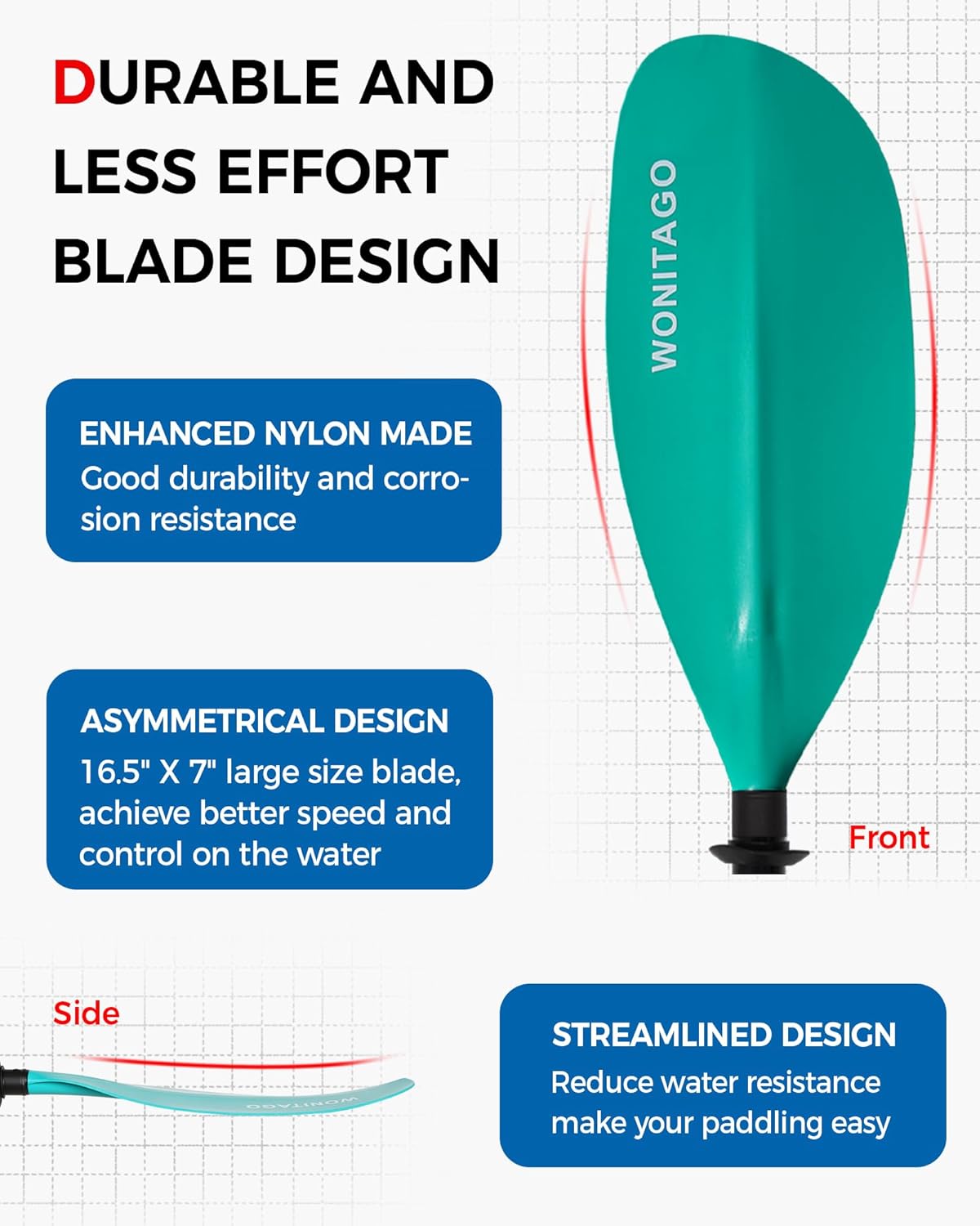 Kayak Paddle with Fiberglass Shaft and Reinforced Nylon Blade, Adjustable Kayaking Oars, 3 Piece, 230-250 cm/90-98 inches, 210-230 cm/82-90 inches