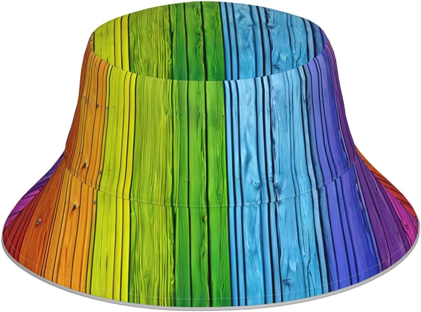 (Rainbow Colored Wood Background) Reflective Reversible Bucket Hat Foldable Breathable Stylish Two-Way Wear for Outdoor Travel Daily Activities