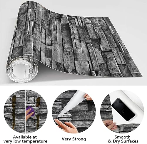 Miniatura 5 de Jeweluck Papel Tapiz de Ladrillo Gris Despegar y Pegar Papel Tapiz 17.7 pulgadas×118.1 pulgadas Piedra Falsa Papel Tapiz Autoadhesivo Salpicadero de
