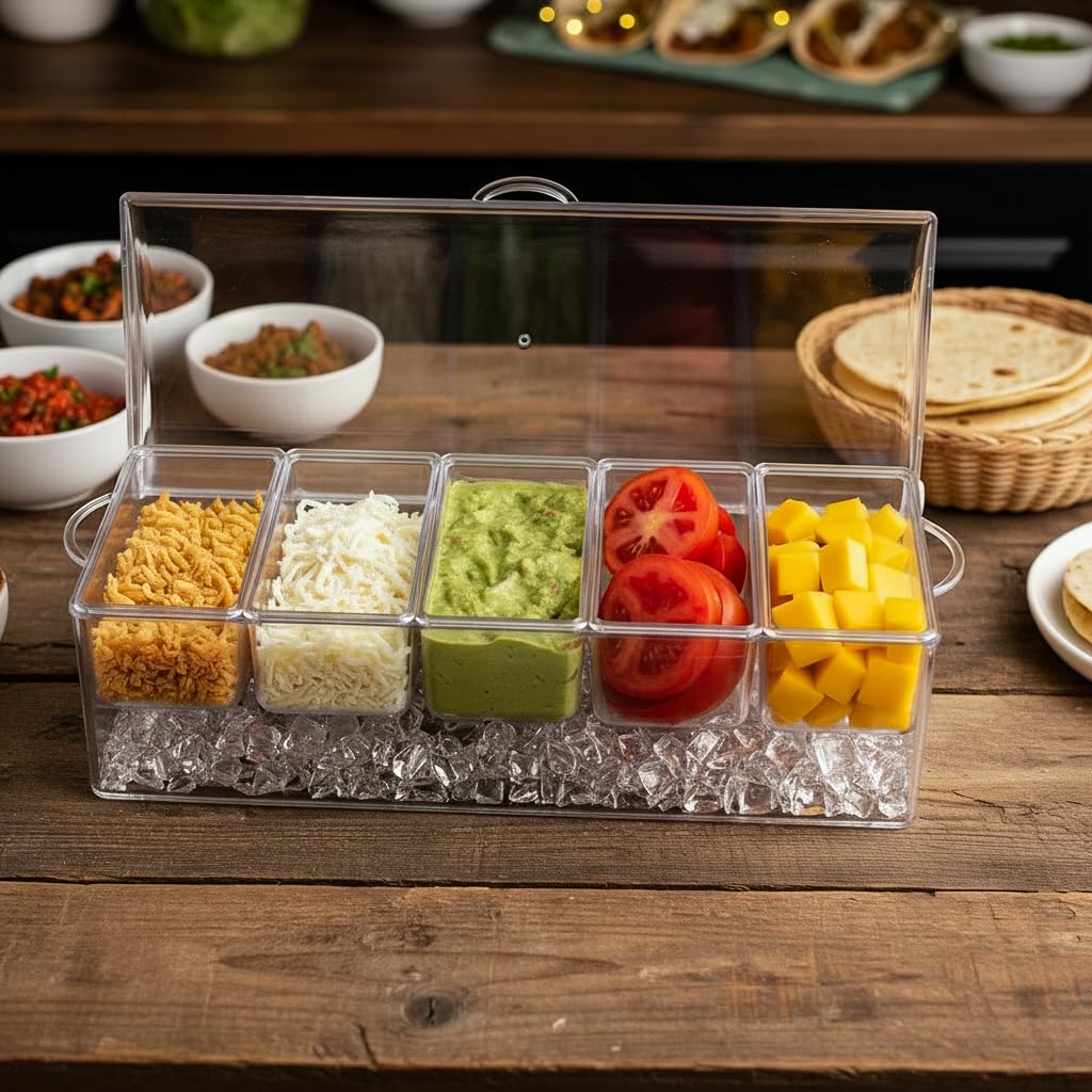Cubo para condimentos con 5 compartimentos bandeja para servir con 5 platos extraíbles capacidad para más de 2 tazas cada uno y tapa con bisagras 5 cucharas 3 pinzas 1 taza con tenedores incluidos