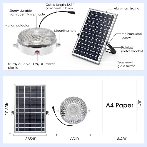 Miniatura 9 de UPONUN Paquete de 2 luces solares de techo con sensor de movimiento, regulables de 6000 K4000 K3200 K, luz solar de cobertizo con interruptor de