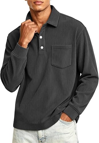 Mens Corduroy Polo Shirt Long Sleeve Casual Striped Quarter Button Down Top