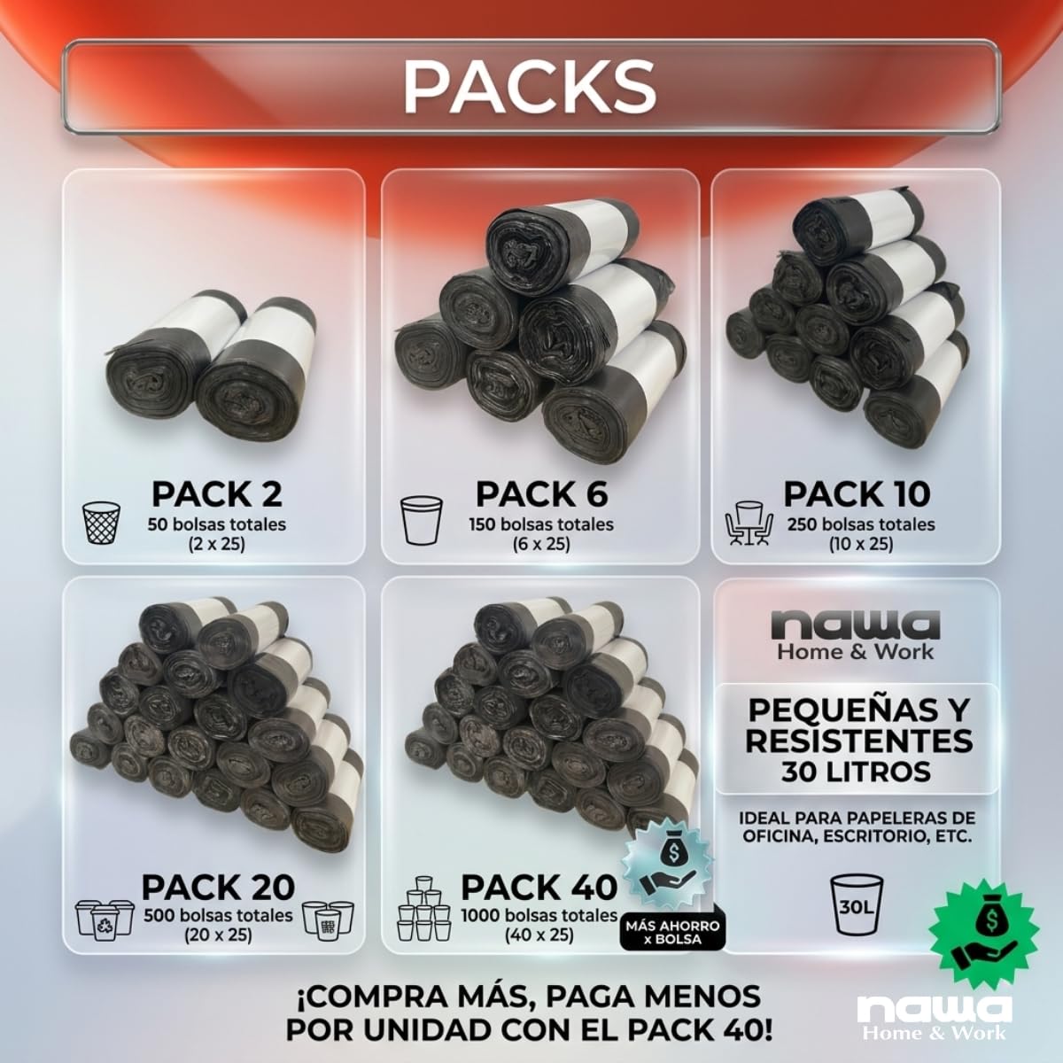 Bolsa basura 30l medidas 50x60cm | Pack 20 rollos de 25 uds. cada | 500 bolsas de basura 30l | Sacos de basura color negro
