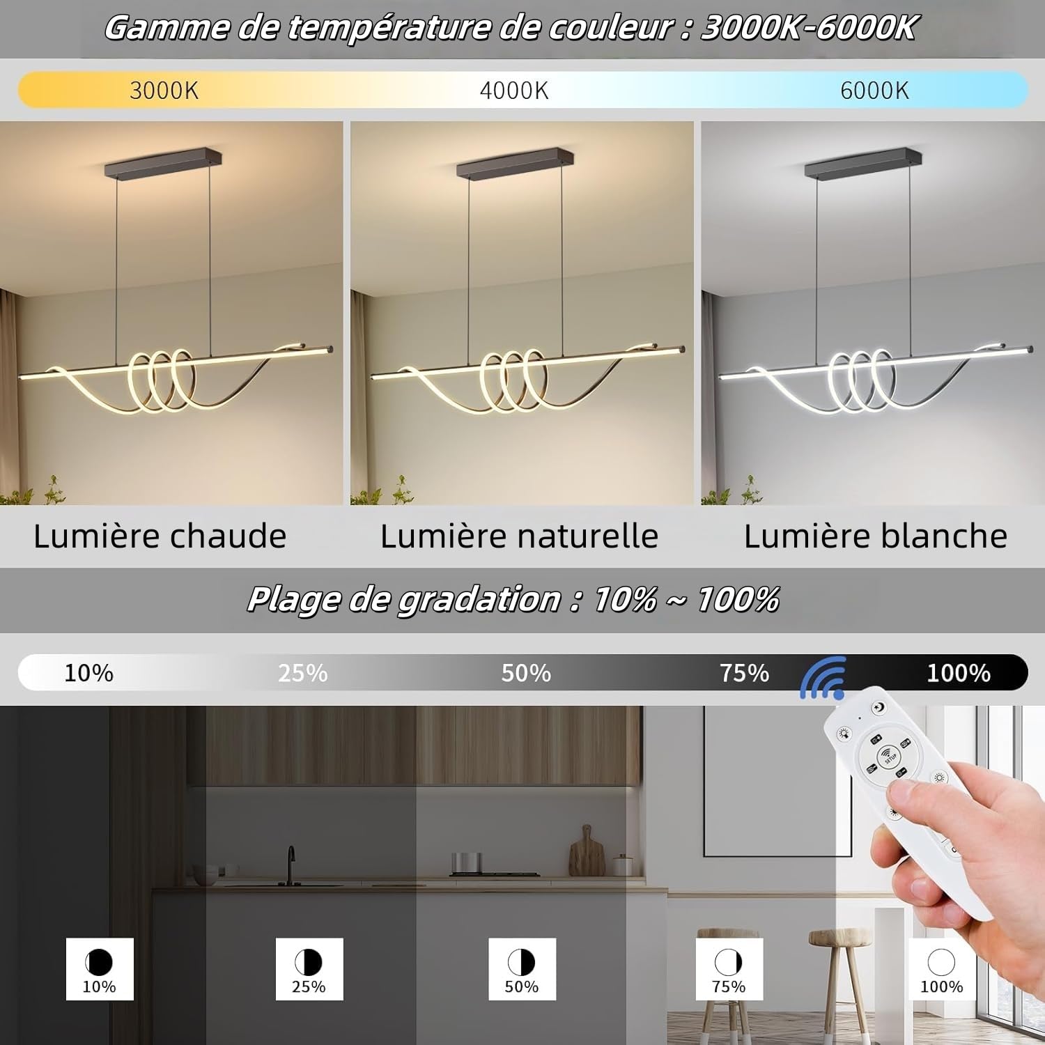 Suspension Luminaire Cuisine LED Moderne, 3000K/4000K/6000K 10%–100% Température de Couleur Lustre, Dimmbar avec Télécommande Chandelier pour Cuisine, Salon, Salle à manger, Chambre à Coucher 150CM