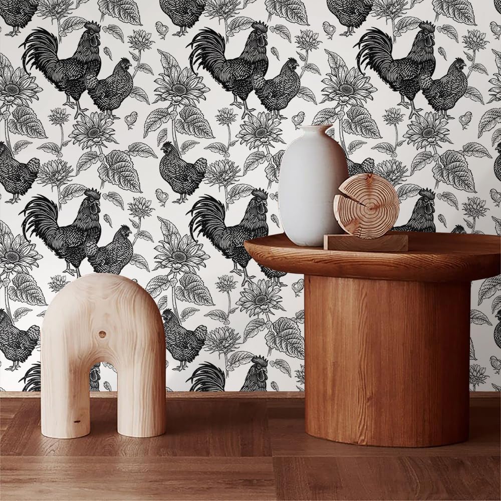 Black and White Rooster Chicken Sunflowers Farm Peel and Stick Wallpaper Self Adhesive Removable Easy Peel Off Stick on Wall Paper for Bedroom Cabinet Renter Friendly