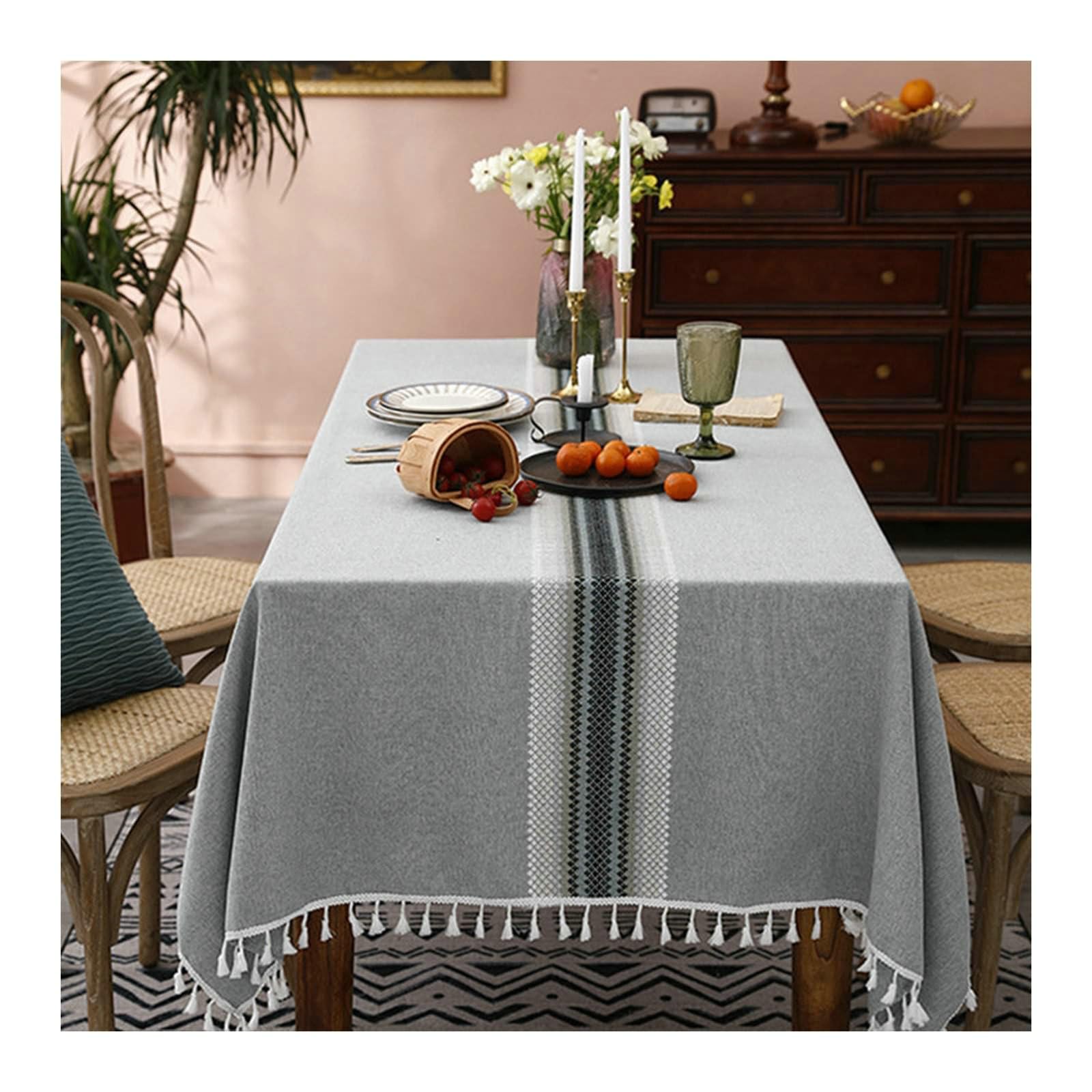 Gualiy Mantel Mesa Rectangular Tela, Poliéster Manteles Tela 140x180CM Manteles Mesa Antimanchas Bordado Rayas con Borlas Mantel para Mesas de Sala, Gris