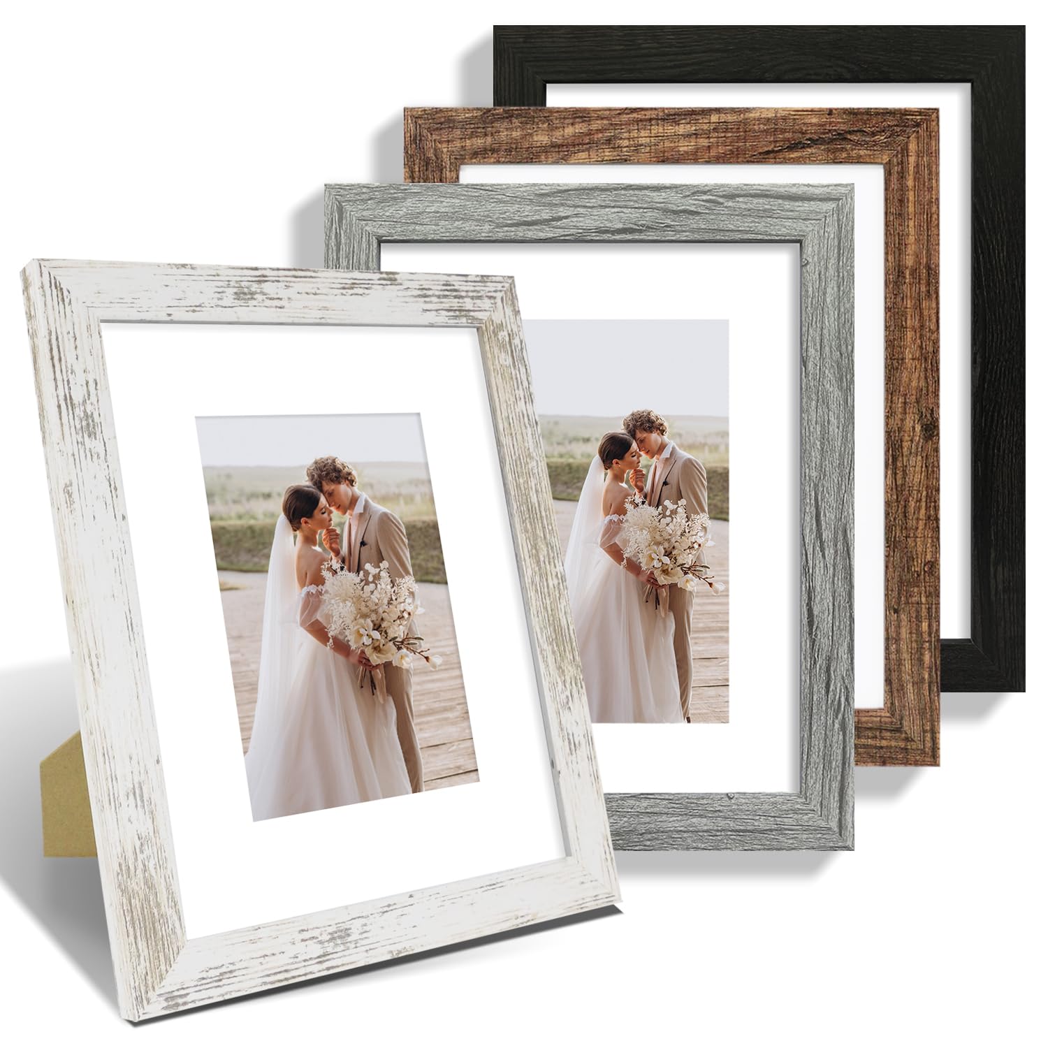 8x10 Picture Frame Set of 4, Made of Real Glass and Multicolour Wooden Frame, 8 by 10 Photo for Wall or Tabletop - Display Picture 5x7 with Mat or 8x10 Without Mat