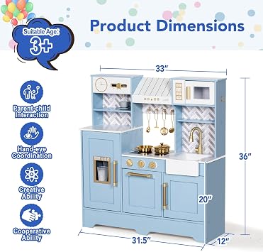 BRINJOY Play Kitchen, Children's Play Kitchens with Oven, Stove, Sink, Apron, Ice Maker, Cookware,Toy Kitchen Set for Toddler Girl Boy Age 3+,Kids Kitchen Blue (Blue)