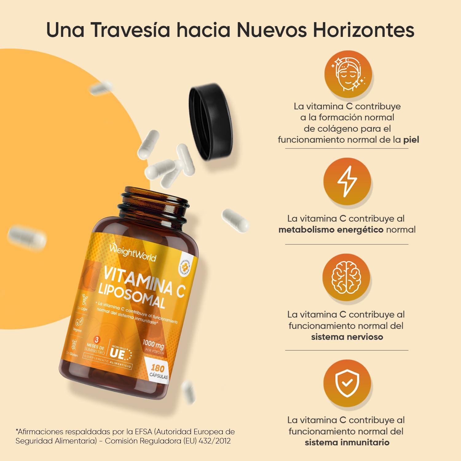 Vitamina C Liposomal 1000mg - 180 Cápsulas con Rosa Mosqueta - La Vitamina C Contribuye al Funcionamiento Normal del Sistema Inmunitario (EFSA) - Suplemento Vitamínico para 3 Meses, Vegano y Sin OGM