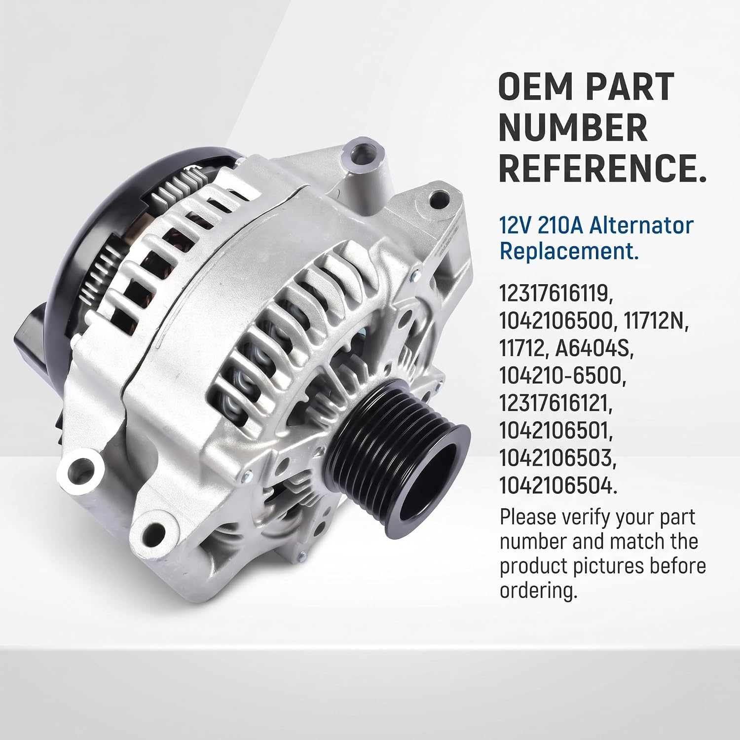 12317616119 12V Alternator 210A Fits B-M-W 3.0L L6 Models (2012-2019) - F30 335i, F32 435i, F25 X3 13-17, F26 X4, F15 X5, F16 X6, F10 535i, F01 740i, CW 8-Groove Pulley, Replace# 104210-6500