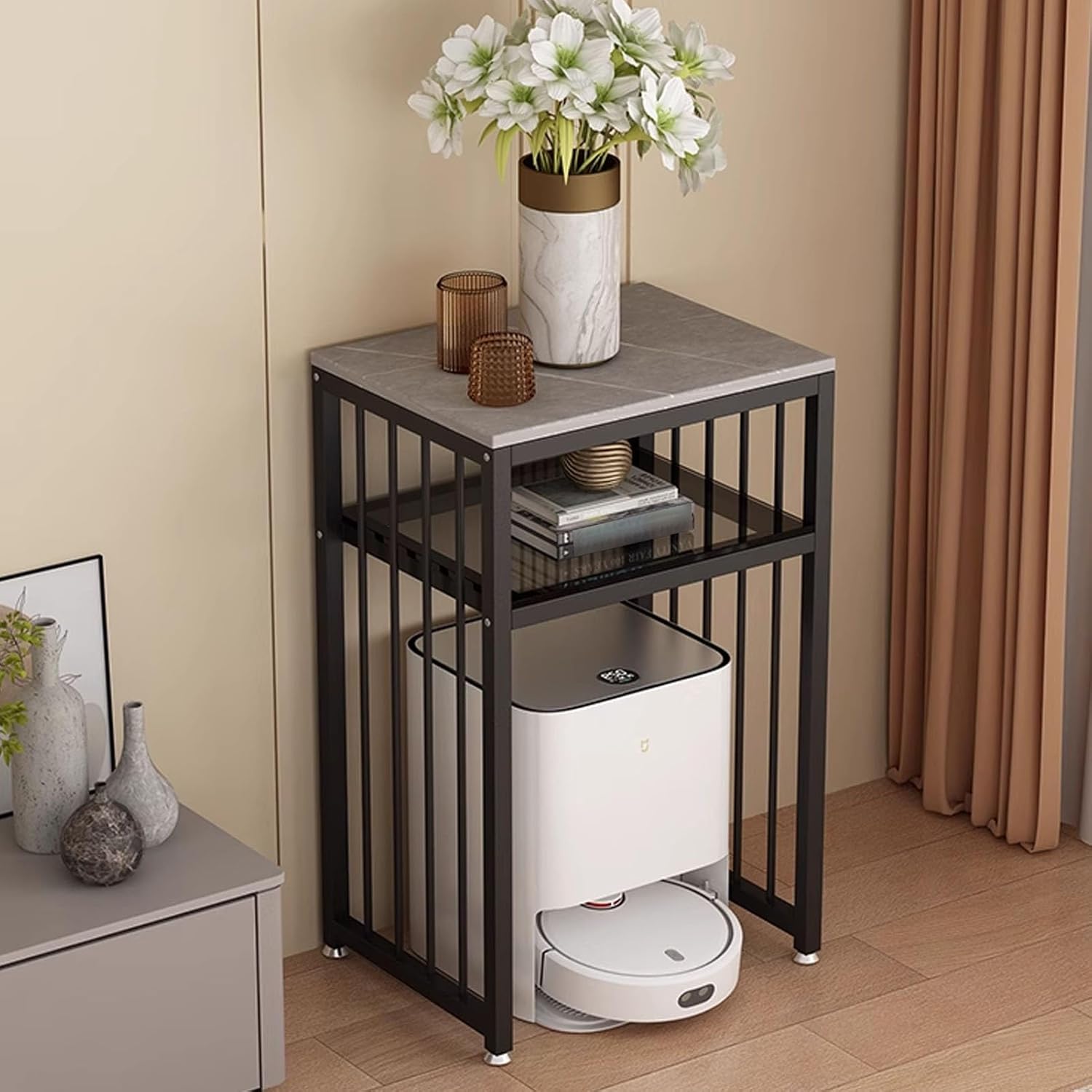 JKGHK Robot Sweeping Vacuum Stand Cabinet, 2-Tier Sweeping Robot Storage Rack, Metal Standing Storage Rack Side Table with Glass Shelves, for Living Room, Home Office(Gold+White,51cm/20in)