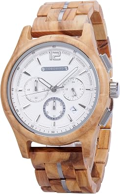 BOBO BIRD Mens Chronograph Wooden Watch Multifunction Sub-Dials, Natural Zebrawood Band Gold, Blue & White Dial Options Gift for Him