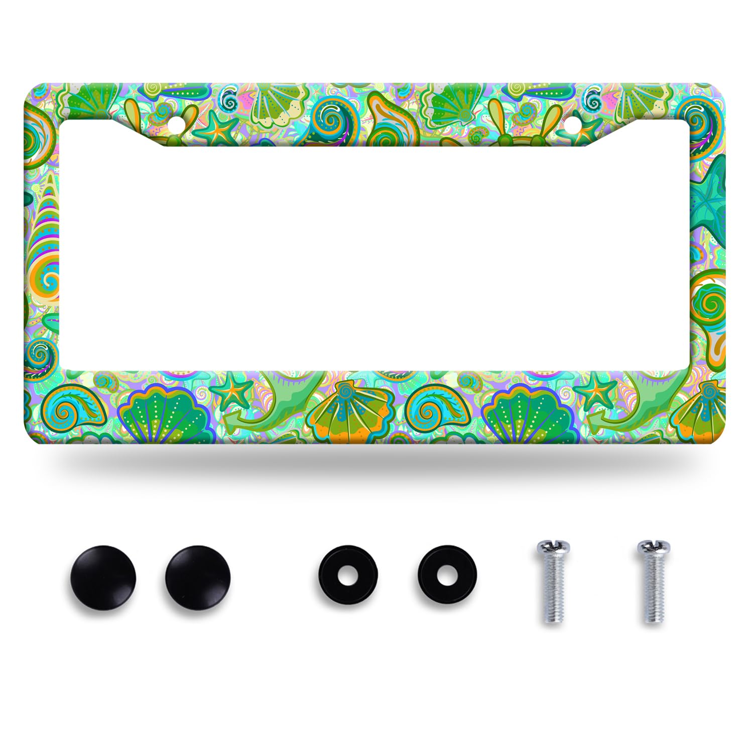 Photo 1 of Colorful Marine Life License Plate Frame Funny Starfish Shell License Plate Stainless Steel Auto Parts Beautiful License Plate Decoration with Holes Screws Size 12.3" x 6.3"