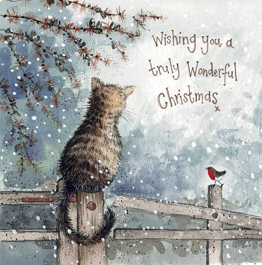 Alex Clark Snow is Coming Christmas Card Pack (Pack of 5 Cards) Cat Sitting on a Fence Image