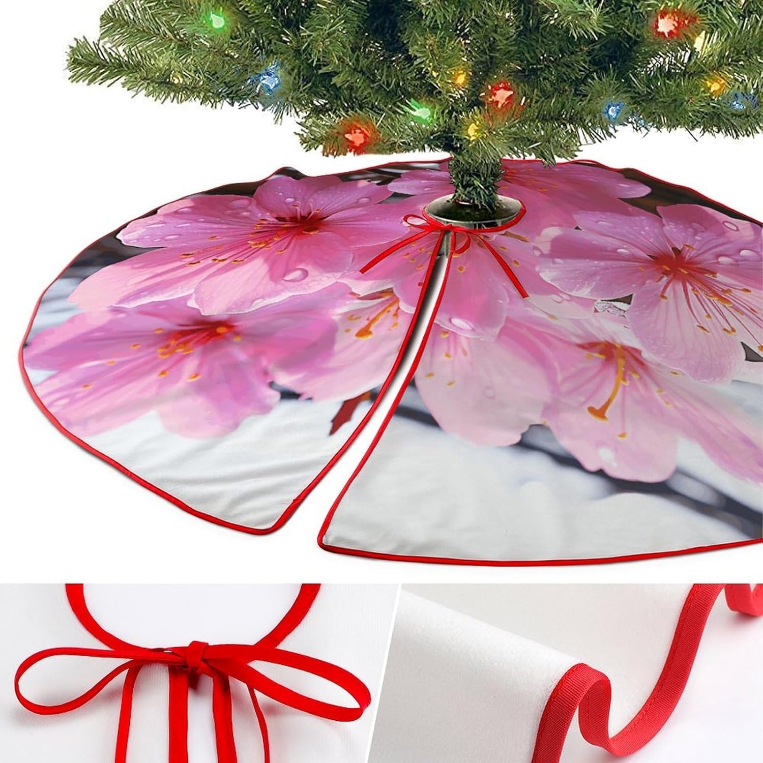 Christmas Tree Skirt,for Xmas Tree Holiday Party Decorations Flower Printed Christmas Tree Mat Red Lace-up Christmas Tree Dress