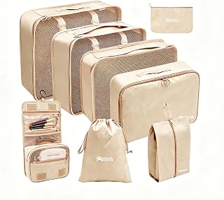GRASS BROOK 8 Set Packing Cubes for Travel Essentials With Hanging Toiletry Bag for Women, Lightweight Suitcase Organizer Bags with Mackup bag, Carry-On Luggage Accessories (Beige)