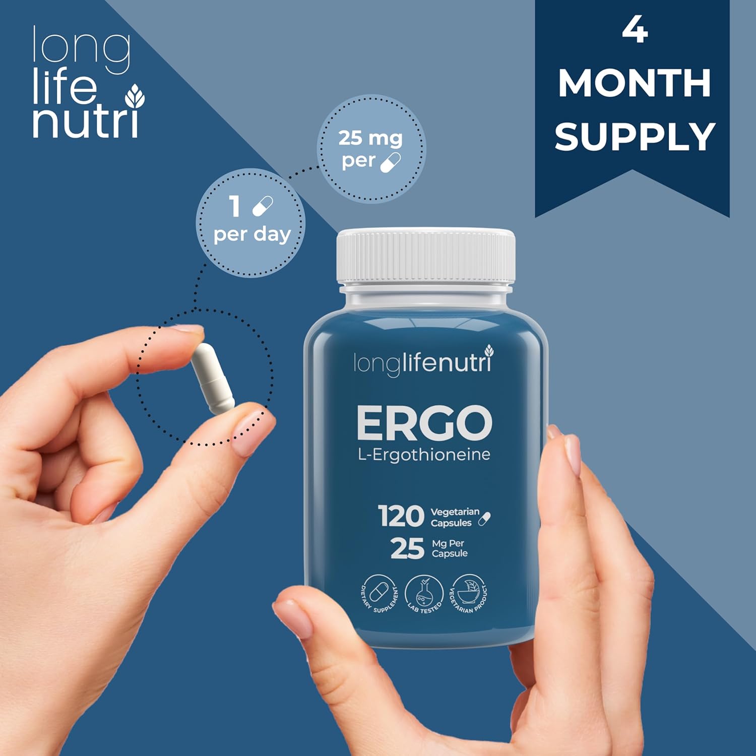 L-Ergothioneine 25mg - 120 Vegetarian Capsules, 4-Month Supply, Antioxidant Supplement for Wellness Routine, GMP Certified, Made in USA - Image 5