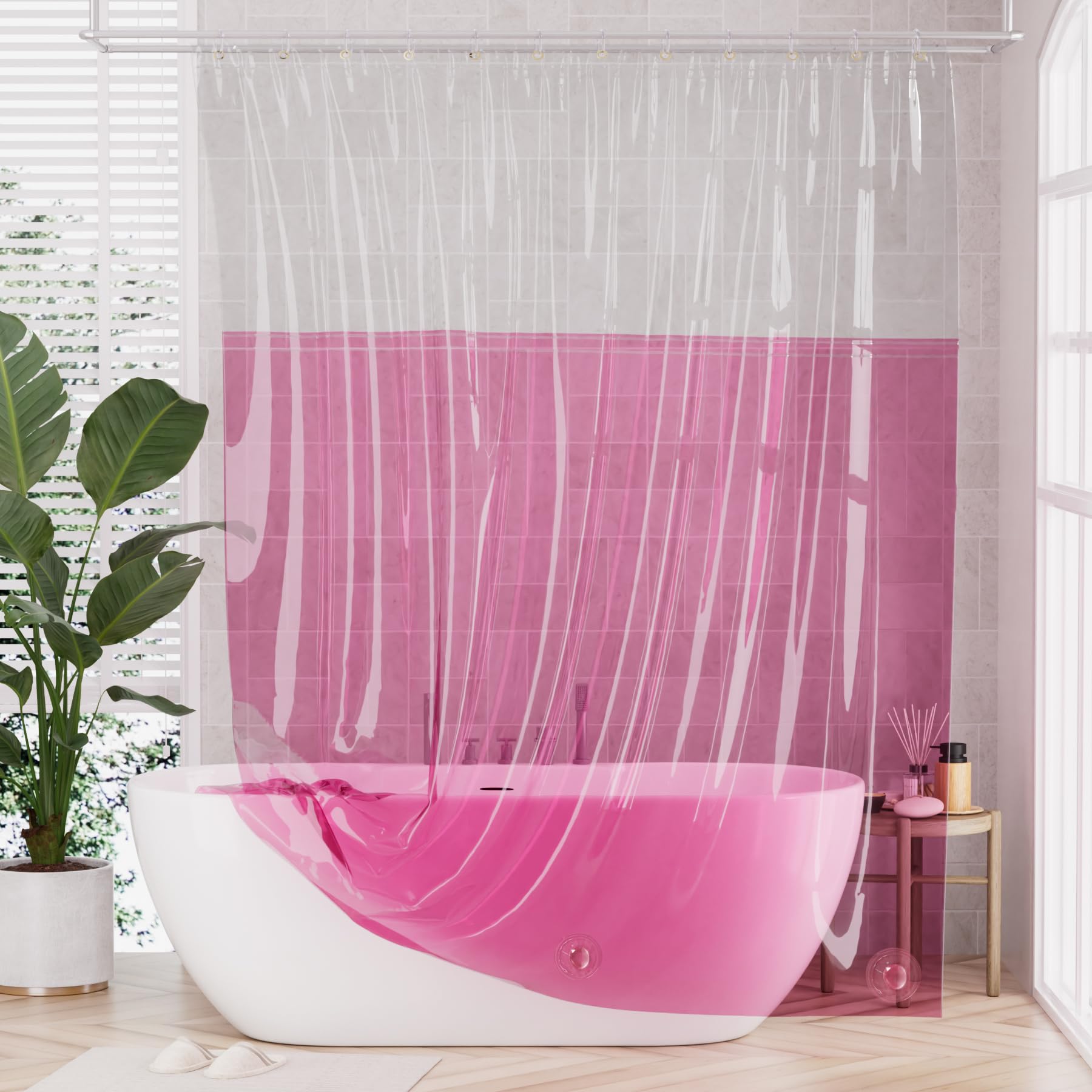AmazerBath 100% EVA Shower Curtain Liner, 72 x 72 Inches Heavy Duty Shower Curtain and Liner 2-in-1 with 3 Clear Stones and 12 Brass Grommets, Color Block Soft Shower Liner - Clear &amp; Bright Pink