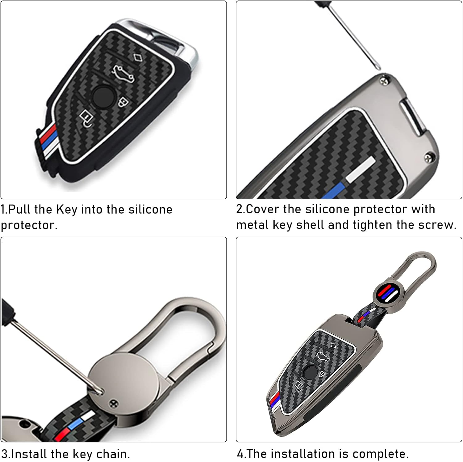 Jaronx Compatible With BMW Key Fob Cover 2'F45/3'G20/5'G30/6'G32/7'G11/8'G14/X1 F48/X3 G01/X4 G02/X5 F15 G05/X6 F15 G06/X7 G07/Z4 G29, For BMW Metal Carbon Fiber Pattern Silicone Key Fob Cover (1 Set)