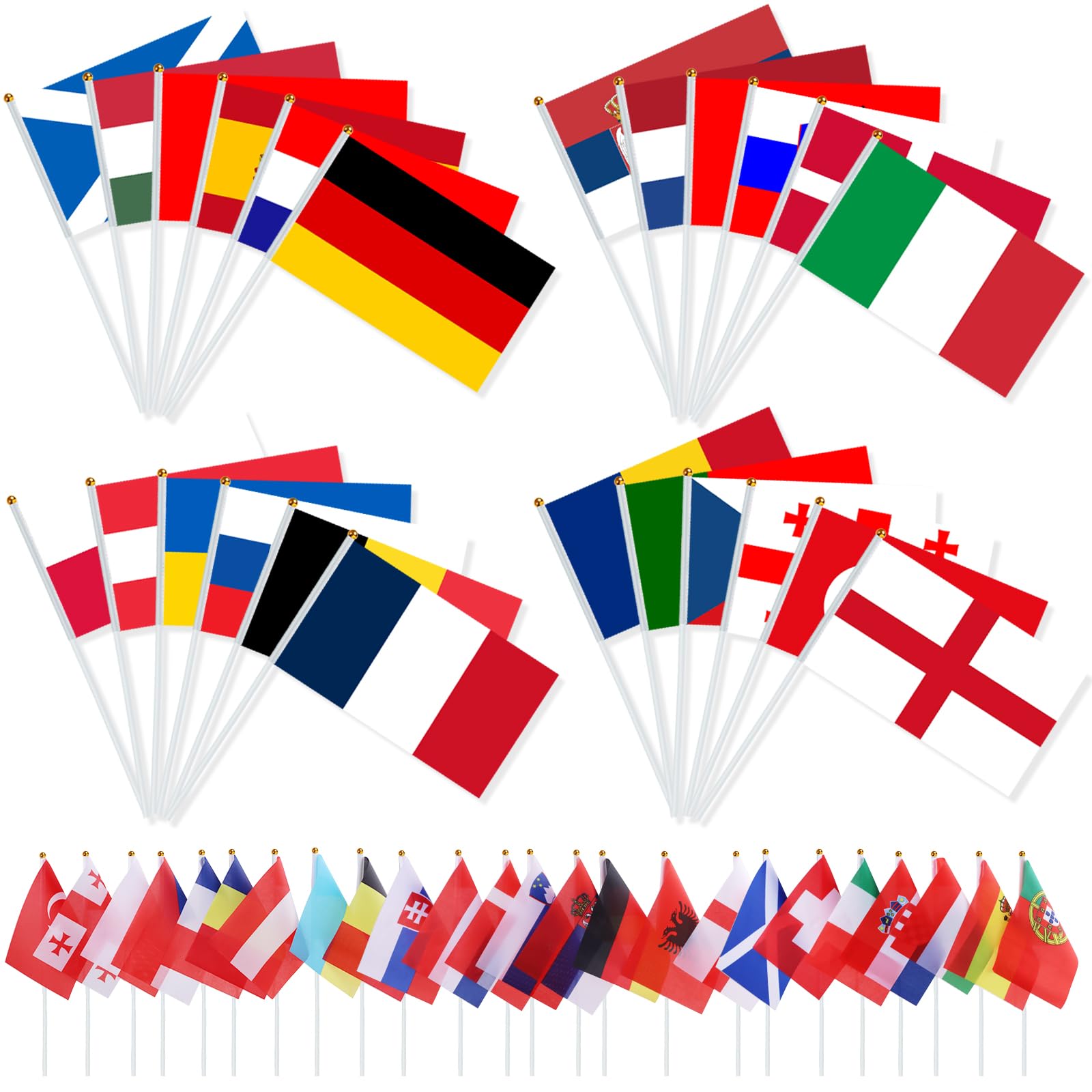 AhfuLife 24 Nations Countries Flags on Stick, 24 European Hand Held Double Sides Fabric Small Flags Banner with 30cm White Pole for Eurovision 2025 Women Euro Football Party Garden Street Decorations