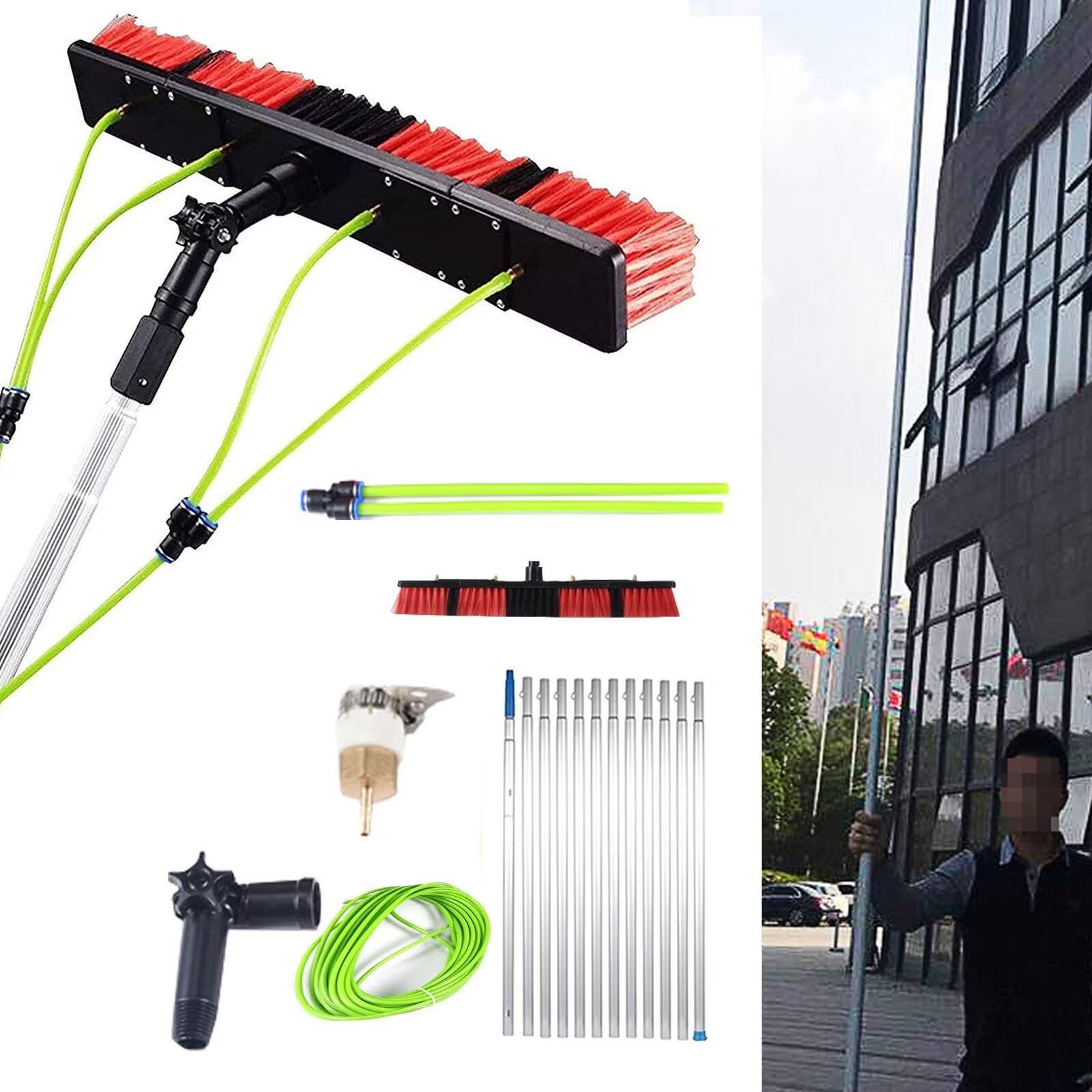 Kit con Spazzola e Asta Regolabili per la Pulizia di Pannelli solari, Sistema di Pulizia per finestre con Alimentazione ad Acqua da 5 m per Una Manutenzione efficiente dei Pannelli solari.