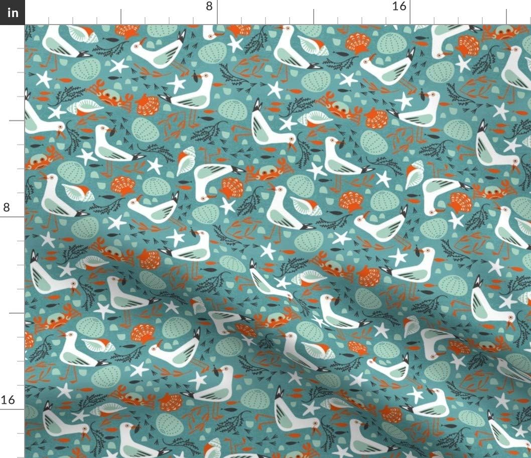Spoonflower Fabric - Summer Seaside Sea Beach Ocean Small Teal Scale Print Seagulls Crabs Printed on Petal Signature Cotton Fabric by The Yard - Sewing Quilting Apparel Crafts Decor
