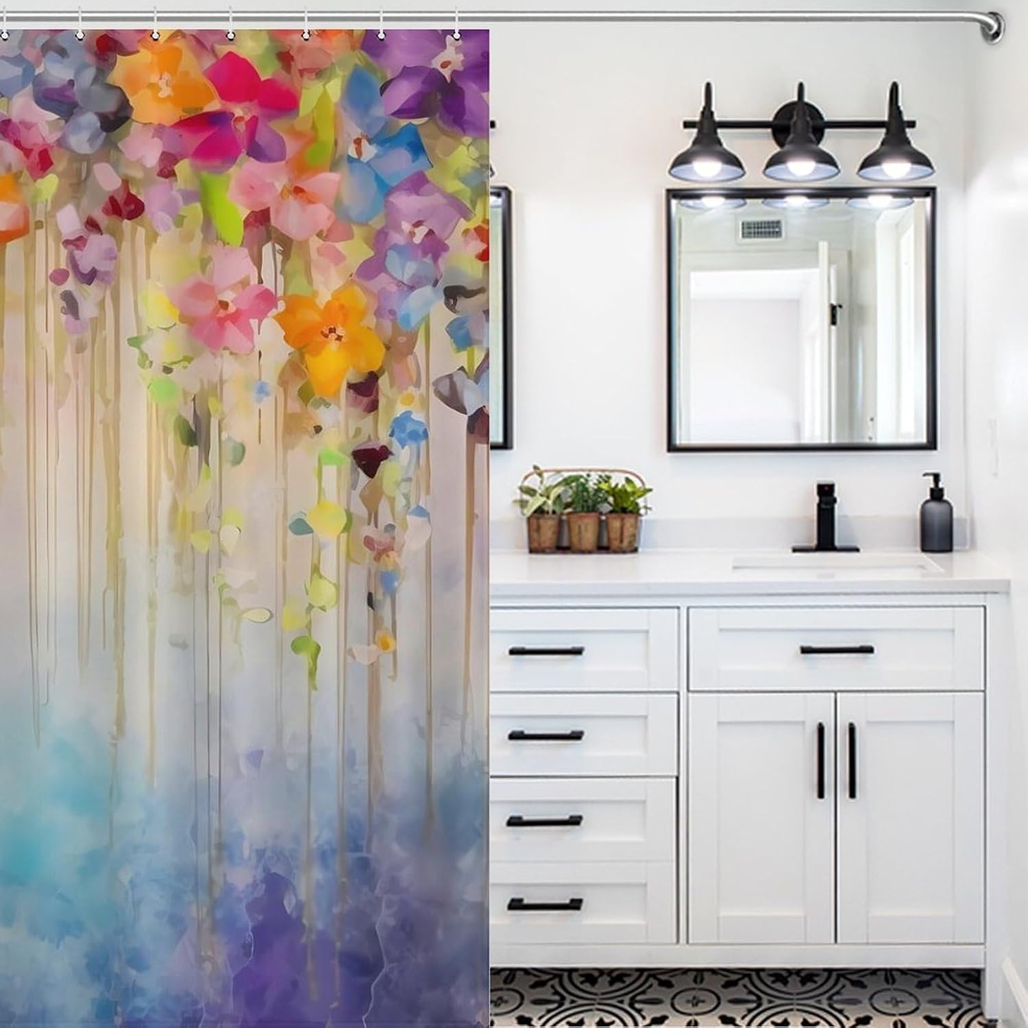 Watercolor Floral Print Funny Shower Curtains Washable Bath Curtain Liner with Hooks for Bathroom Bath Tubs