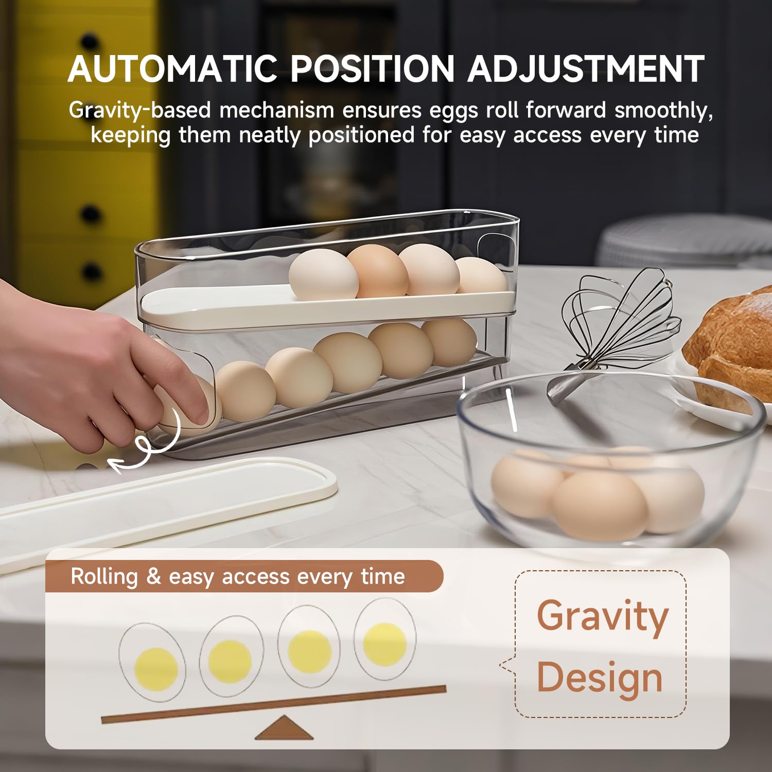 Soporte rodante para huevos para refrigerador, dispensador de huevos para refrigerador, contenedor de almacenamiento automático para encimera, cocina y uso al aire libre (3.35 x 3.74 x 11.02 5