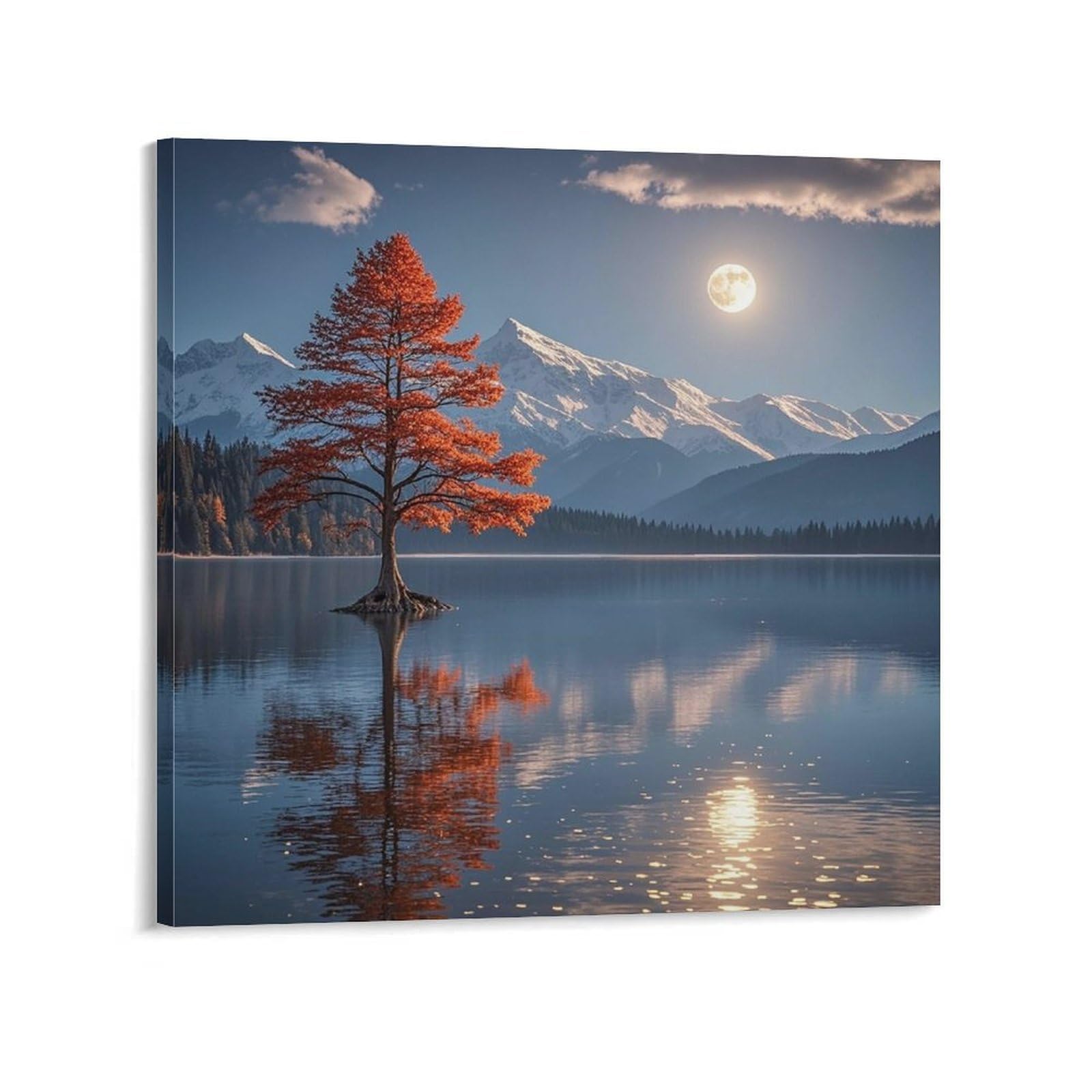 KLOPH Red Tree Lake Moon Canvas Wall Art for Living Room 08x8inch Modern Artwork Painting for Bathroom Hanging Canvas Prints Aesthetic Wallart for Bedroom Kitchen Office Wall Decor