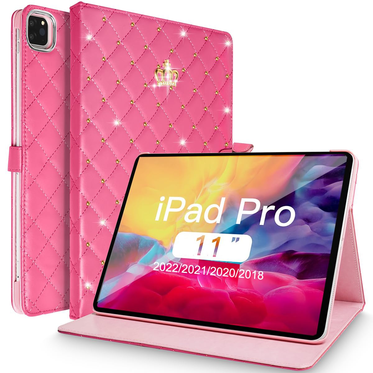 Changjia for iPad Pro 11-inch Case (4th/3rd/2nd/1st Gen), Cute Crown Bling Diamond PU Leather Smart Auto Sleep/Wake Stand Shockproof Case, Rose Red