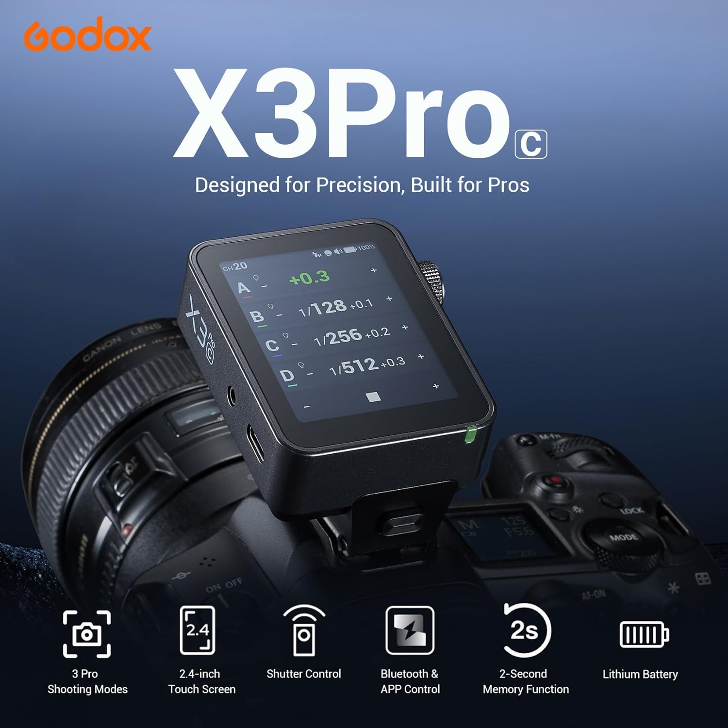GODOX X3 Pro C TTL Flash Trigger for Canon, 2.4GHz X System with E-TTL II, 2.4" Touchscreen, Bluetooth APP Control, HSS for Flash/Strobe, Shutter Control, 2H Charge 35D Standby (X3C Upgrade)
