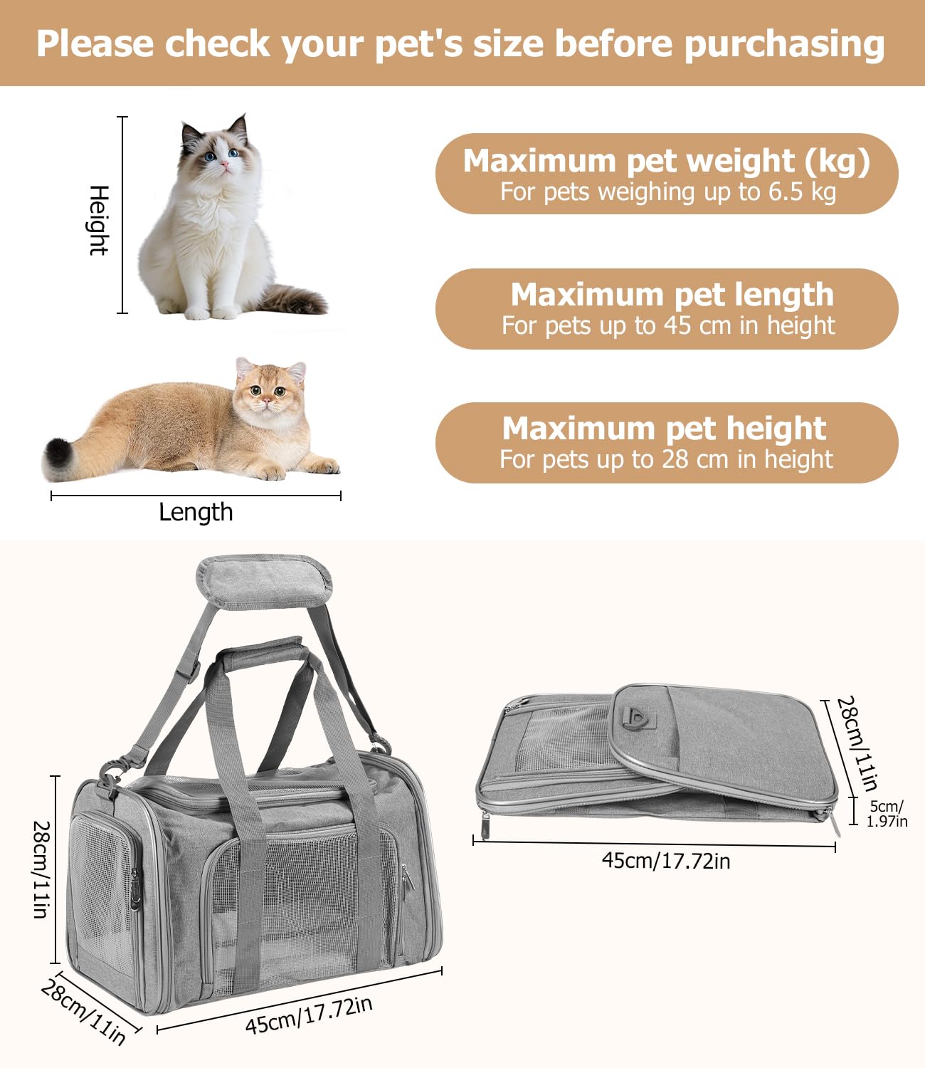 Transportbox für Katze und Hund, Faltbare Transporttasche, atmungsaktive Katzentransportbox, mit Schultergurt & waschbarem Kissen, 45x28x28cm, bis 13kg, geeignet für Auto/Flugzeug