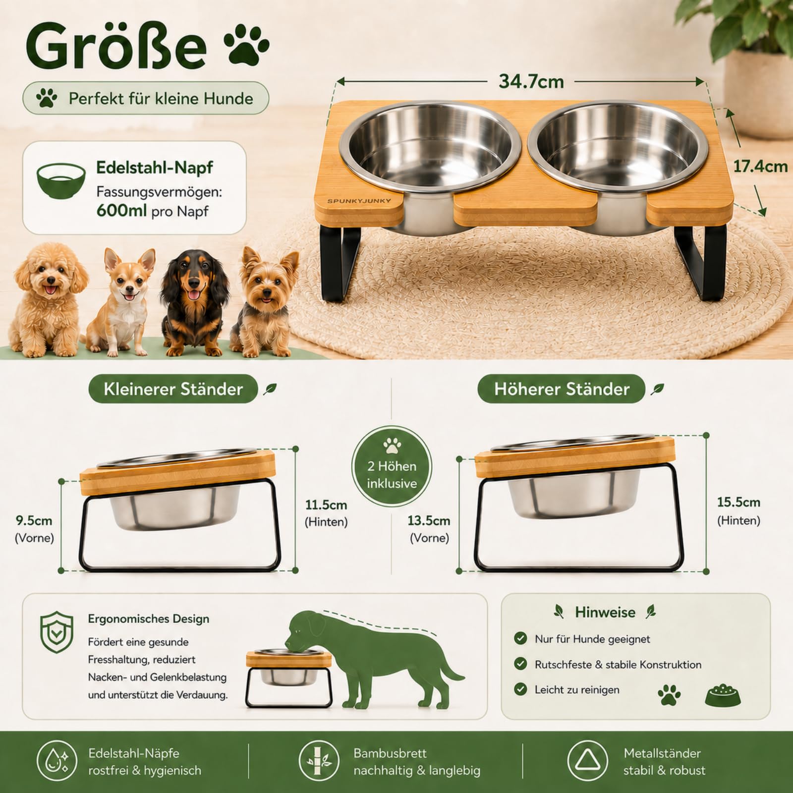 SPUNKYJUNKY Hundenapf erhöht Futternapf aus 304 Edelstahl Futterstation mit Zwei einstellbaren Höhen Fressnapf und Wassernapf für Katzen und Hunde (600ml)