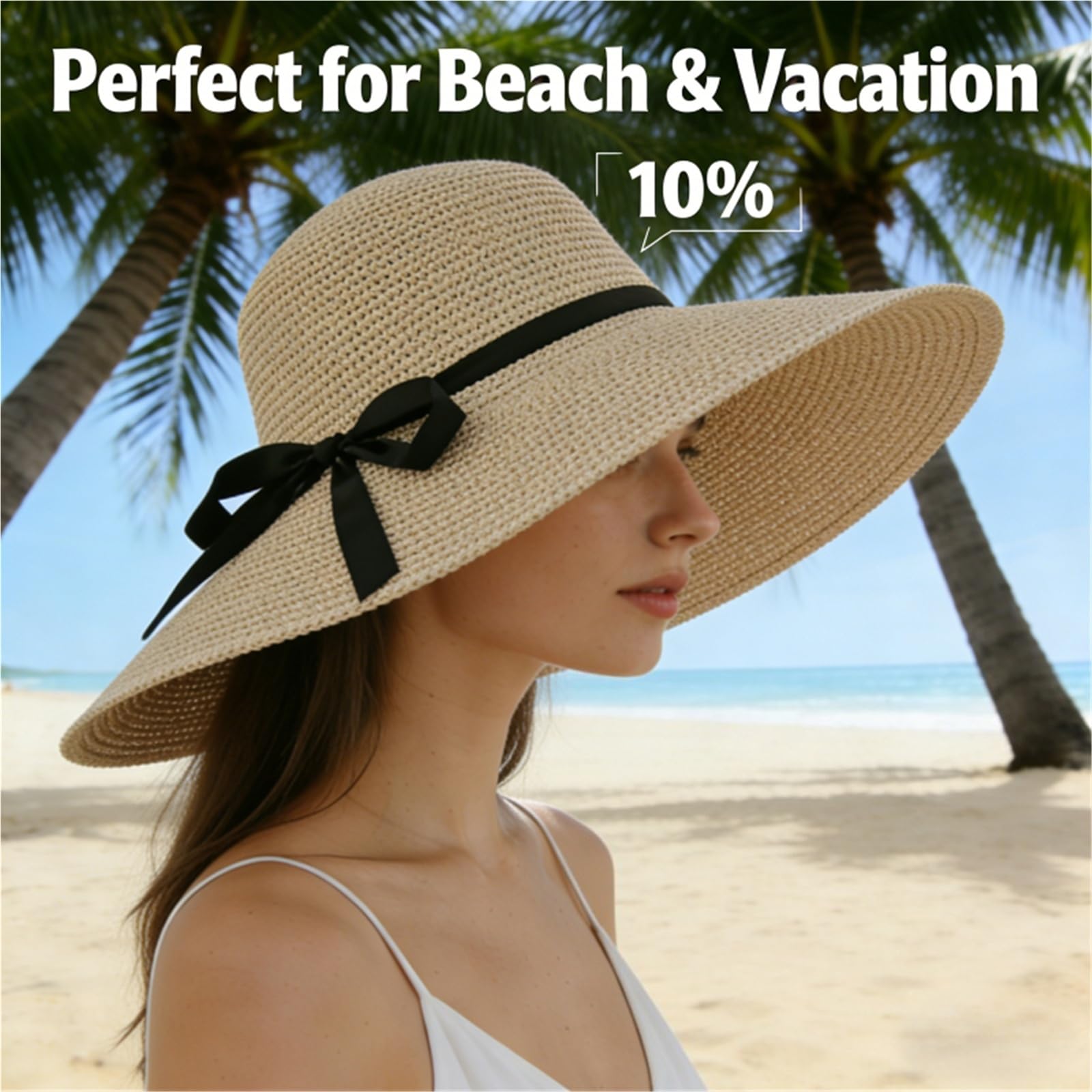 Sombrero Paja 1 Uds. Sombrero de Paja ala Ancha Verano a la Moda diseño Lazo Plegable Sol Playa for Mujer Estilo Coreano Accesorio Vacaciones Hecho a Mano | Beige