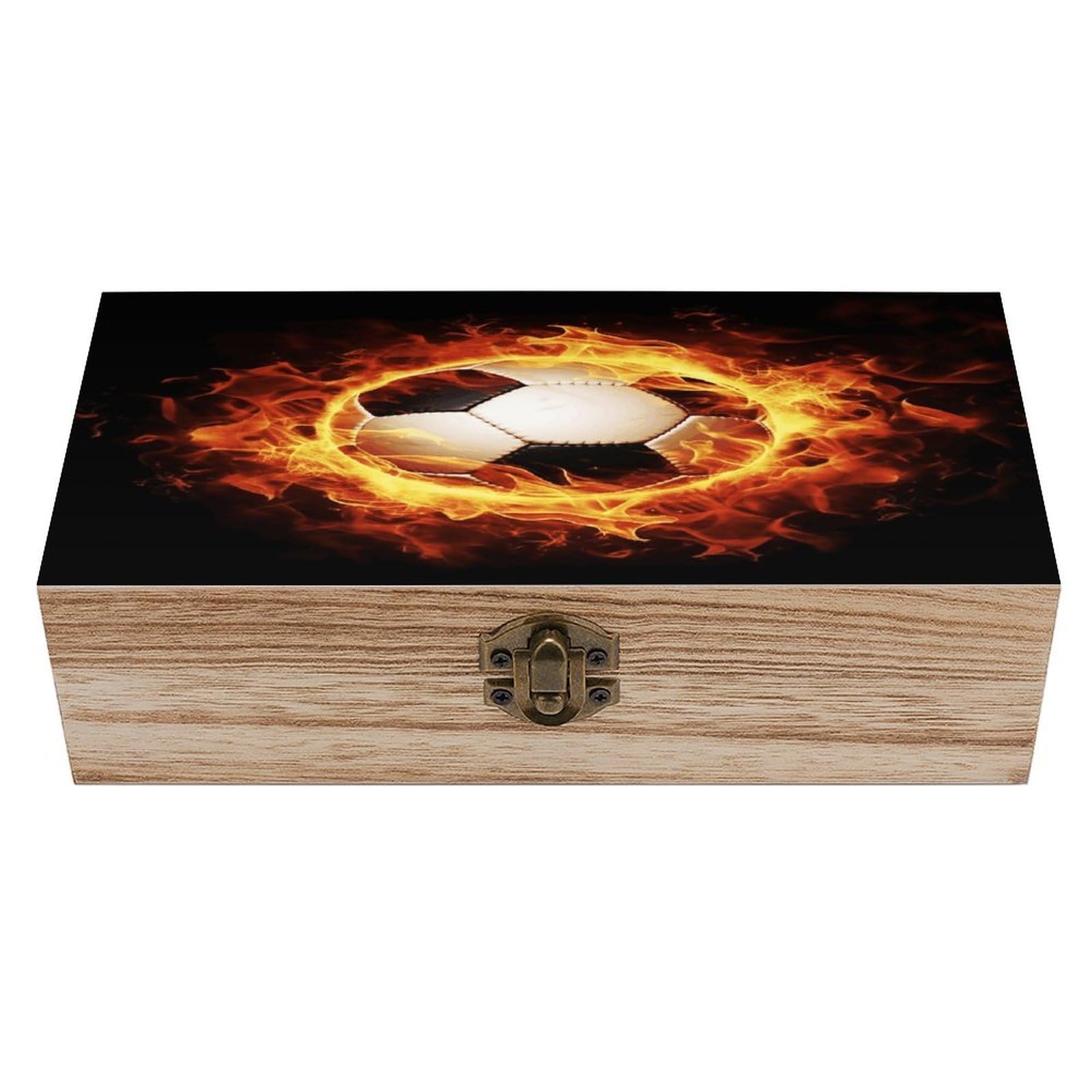 asbwuo Burning Football Wood Keepsake Box Wooden Box with Hinged Lid