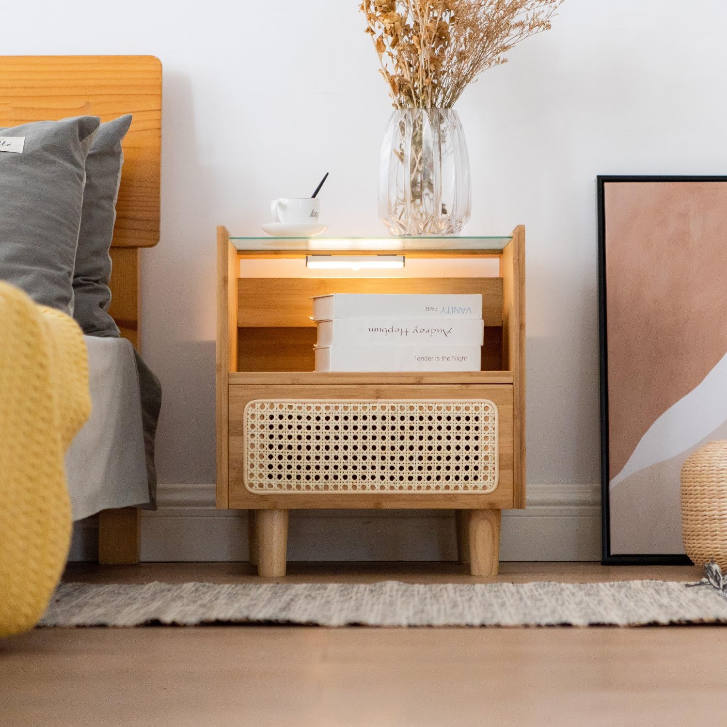Modern Bamboo Nightstand Side Table with Rattan Storage Drawer, Mid Century Farmhouse Glass-top End Table Accent Bedside Table for Living Room Bedroom with Short Solid Wood Legs Drawer and Open Shelf