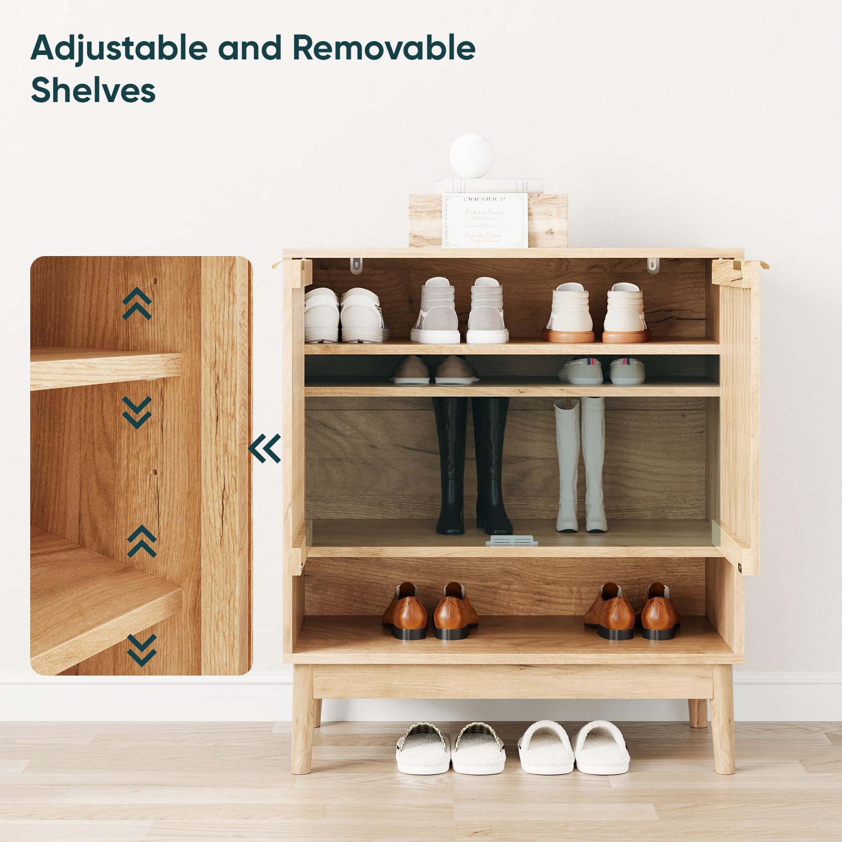 Kiasthome Zapatero de Madera con Estantes Ajustables, Organizador de Zapatos con Puertas Rejilladas, Mueble Zapatero para Entrada, Pasillo y Salón, Diseño Moderno (Madera Natural, 70 cm)