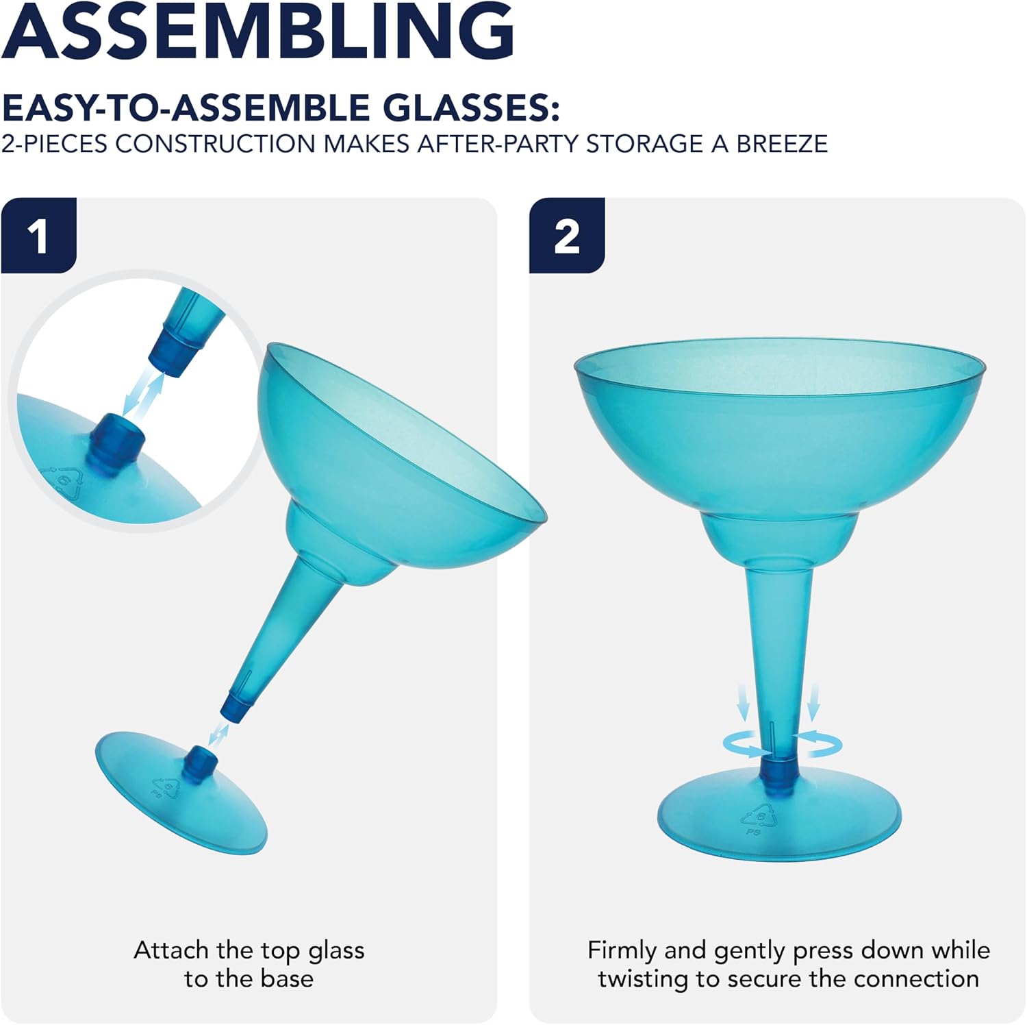 Party Essentials Hard Plastic Two Piece 12-Ounce Margarita Glasses, Neon Blue, 10 Count