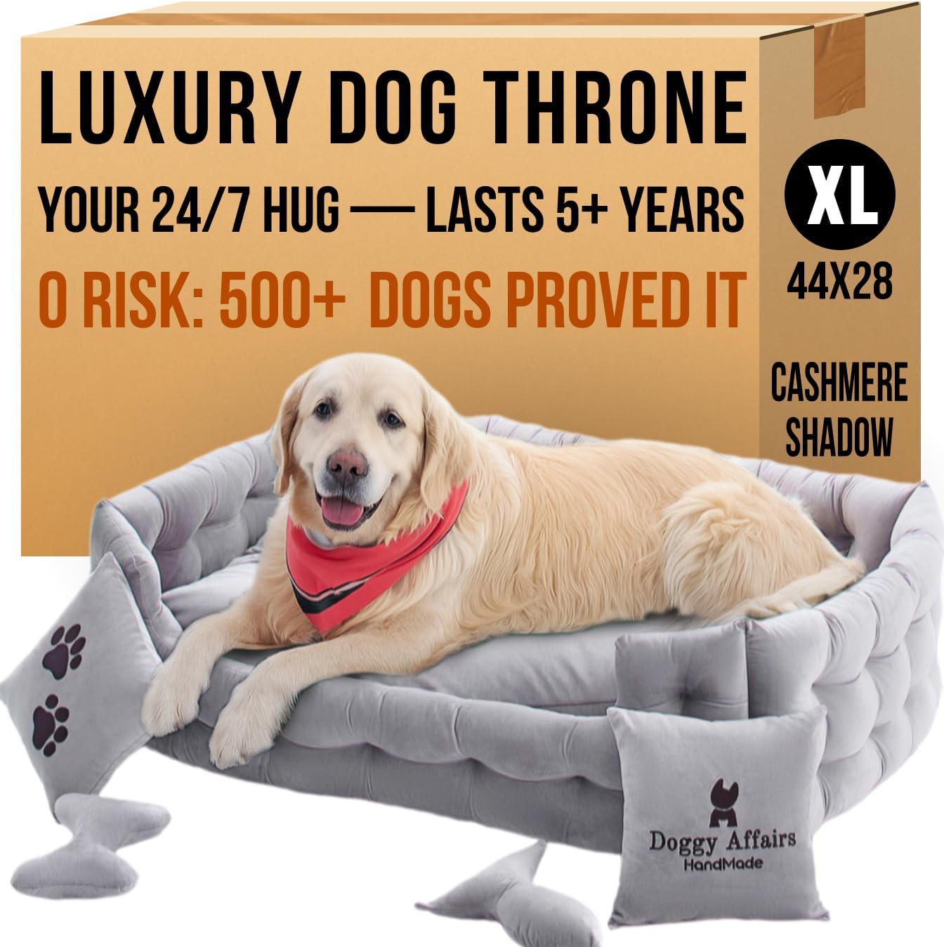 Luxury Dog Bed Chesterfield  Handcrafted Velvet Throne for Dogs | Joint Support, Calming & Temp-Regulating Comfort | Durable 5+ Years, Anti-Claw, Washable 100+ Times  XL, Grey