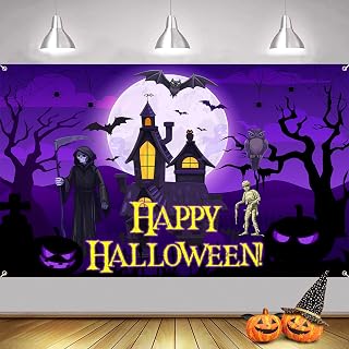 AOLOA Pancarta de Halloween Extragrande, Color Negro y Morado, Decoración Interior y Exterior para el Hogar
