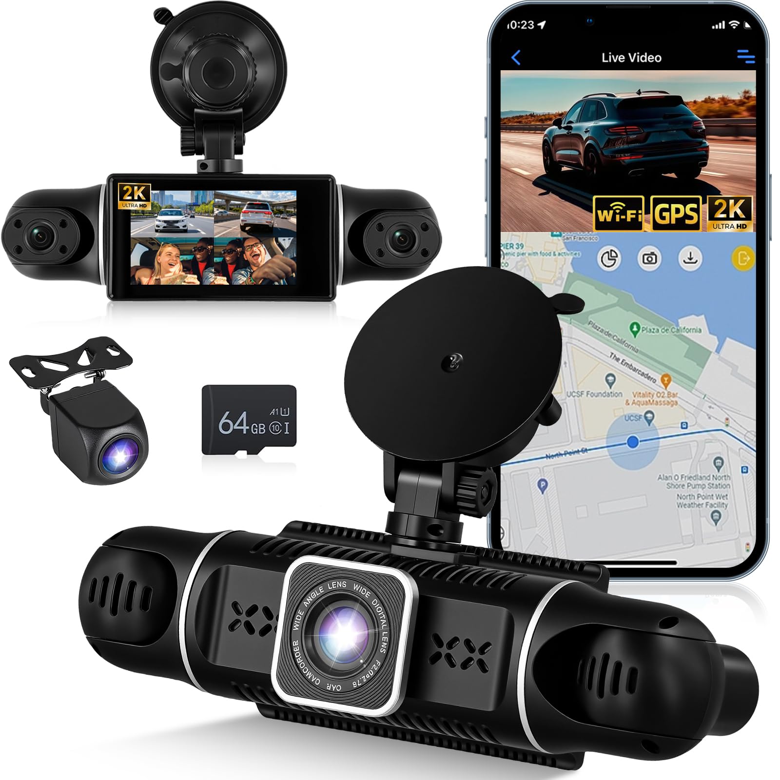 NHOPEEW Cámara para salpicadero WiFi 2K de 3 Pulgadas, 4 Canales, 360° + 1080P Interior Izquierda y Derecha + cámara Trasera, cámara para salpicadero con Sensor G, visión Nocturna, grabación en Bucle