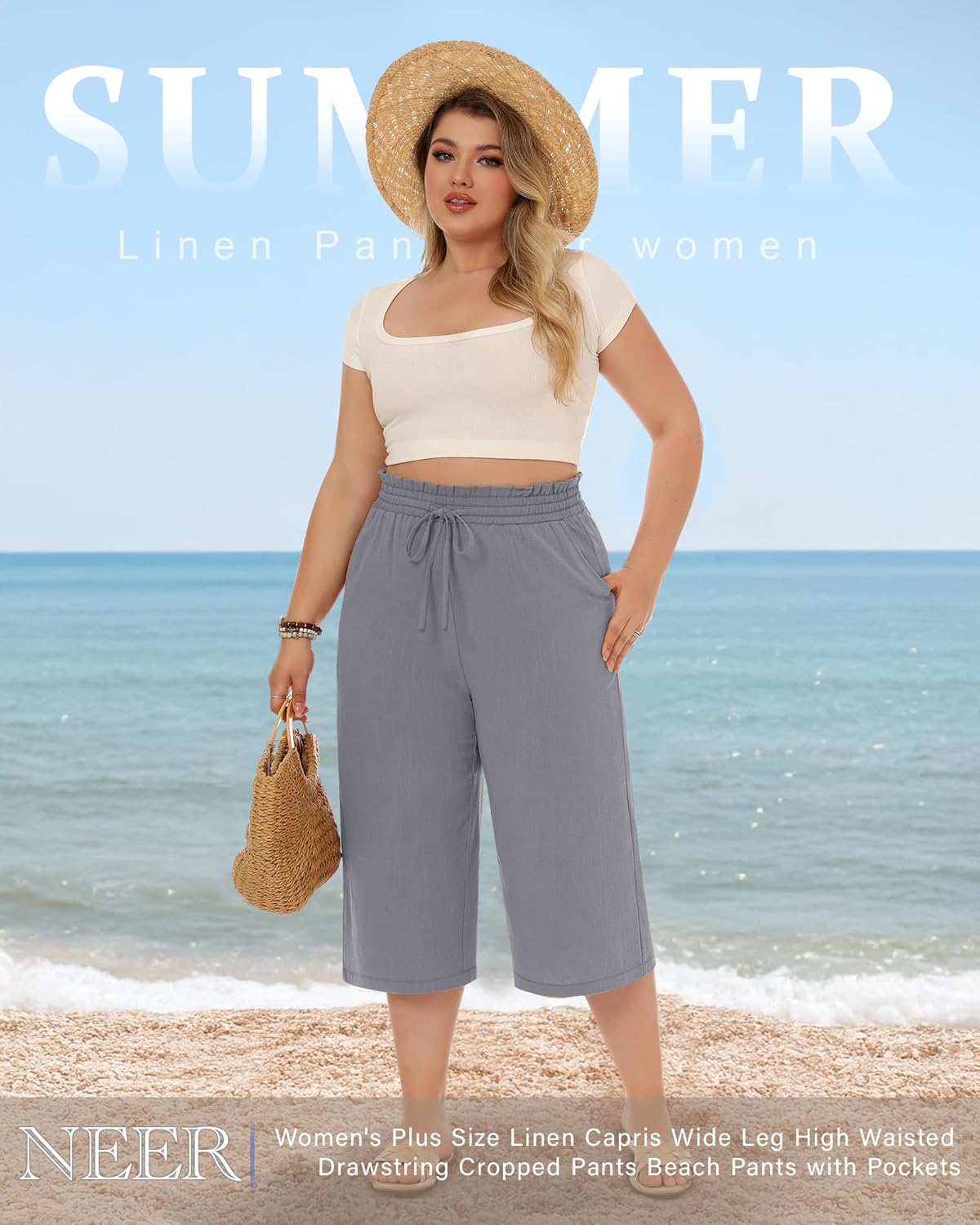 Neer 2 Pack Women's Plus Size Linen Capris Wide Leg High Waisted Drawstring Cropped Pants Beach Pants with Pockets - Image 3