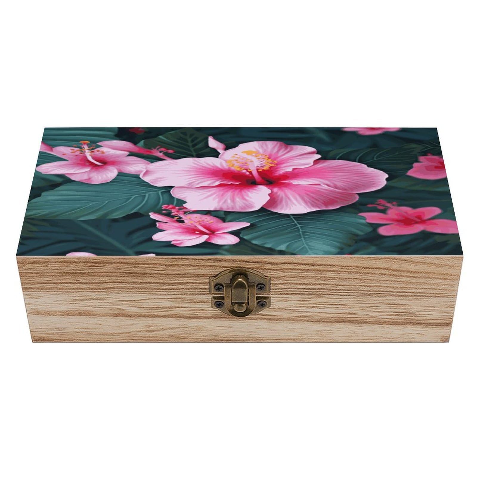 Btcowzrv Style Hawaii Pink Flower Wooden Storage Box, Keepsake Box With Hinged And Retro Lock, Wood Jewelry Organizer For Photos & Mementos And Home Decor