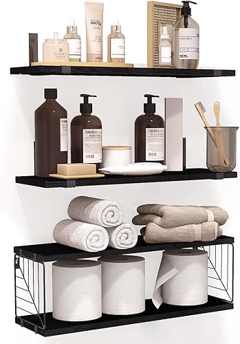 Miniatura 1 de Fixwal Estantes flotantes de baño de 3+1 nivel sobre el inodoro, estantes de madera rústica de 15.8 pulgadas, decoración de pared para baño, sala de