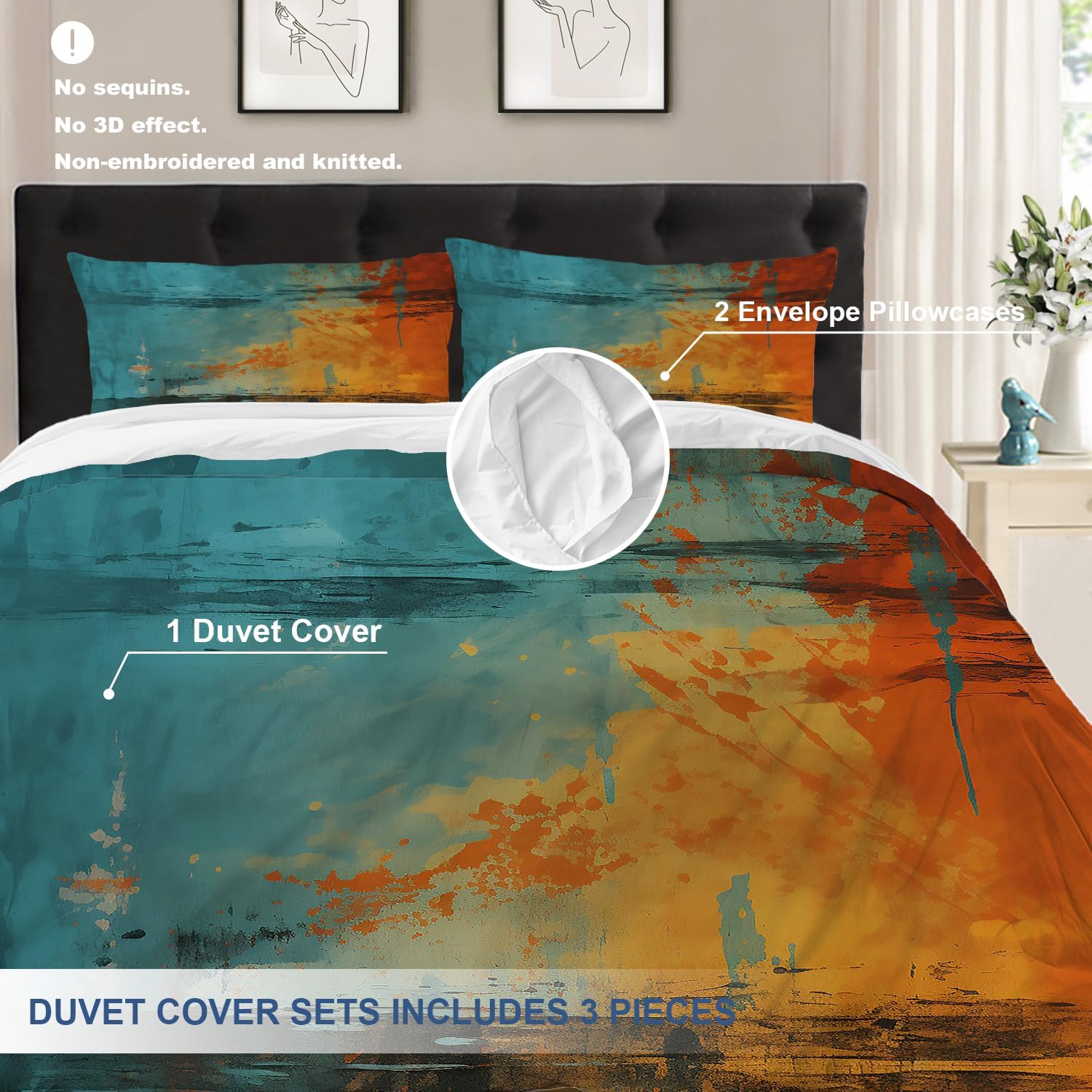 Batmerry Blending Blue Orange King Size 3 Pieces Bedding Duvet Cover Sets, Soft Flower Abstract with Vibrant Hues 100% Cotton Printed Duvet Cover for All Season