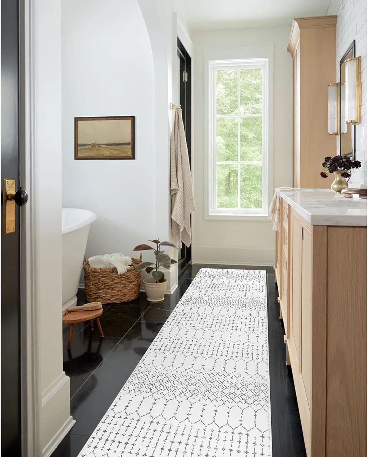 Lahome Moroccan Kitchen Runner Rug - 2x8 Non-Slip Washable Hallway Rug Runner Ultra-Thin Soft Throw Bathroom White Print Distressed Carpet for Entryway Laundry Room Living Room Hana